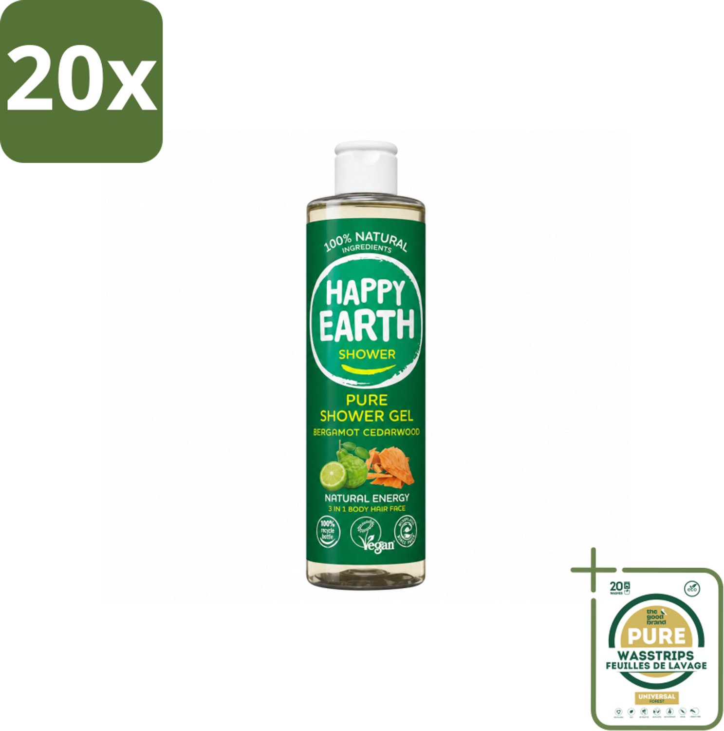 20 x Happy Earth – Douchegel – 100% Natuurlijk Bergamot Cedarwood – 300 ml - Wasstrips - Douchegel Bergamot Cederhout - Natuurlijke Douchegel - Vegan Douchegel - Dierproefvrije Douchegel - Biologische Douchegel