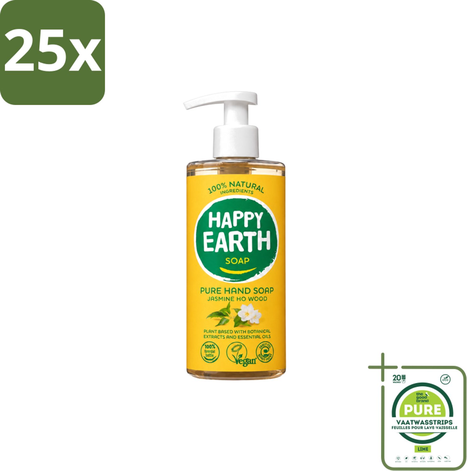 25 x Happy Earth – Handzeep – 100% Natuurlijk Jasmine Ho Wood – 300 ml - Grootverpakking - Vaatwasstrips - Natuurlijke Handzeep - Vegan Handzeep - Jasmijn Handzeep - Ho Wood Handzeep - Antibacteriële Handzeep