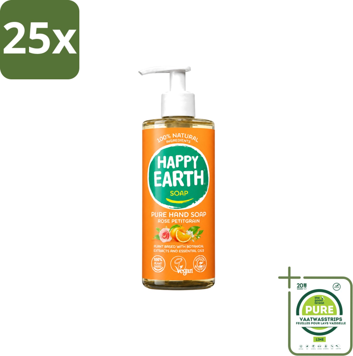 25 x Happy Earth – Handzeep – 100% Natuurlijk Rose Petitgrain – 300 ml - Grootverpakking - Vaatwasstrips - Natuurlijke Handzeep - Vegan Handzeep - Handzeep Met Bloemige Geur - Handzeep Met Frisse Geur - Handzeep Voor Huid