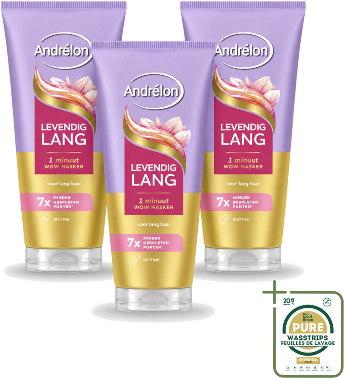 3 x Andrélon – Haarmasker WOW – Levendig Lang – 180 ml - Wasstrips - Haarversterking - Haarverzorging - Haarbreuk - Gespleten Punten - Biotine