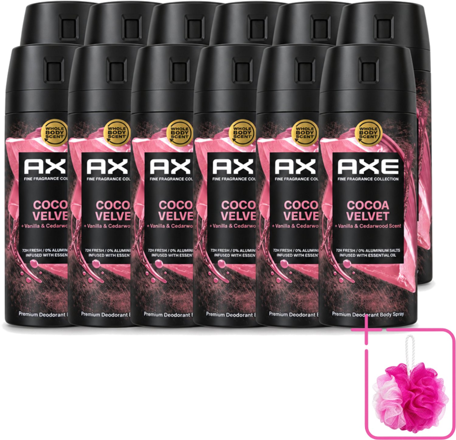 12 x Axe – Deodorant – Cocoa Velvet – 150 ml - Bulkverpakking - Cocoa Velvet - Douchemop - Deodorant Bodyspray