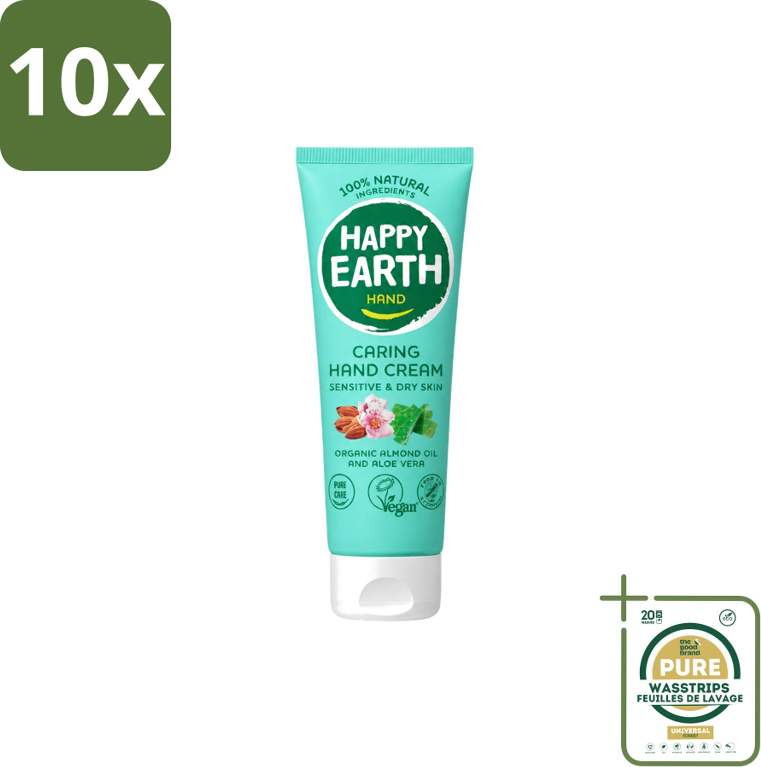 10 x Happy Earth – Handcrème – 100% Natuurlijk – 75 ml - Wasstrips - Natuurlijke Handcrème - Vegan Handcrème - Handcrème Voor Gevoelige Huid - Handcrème Met Amandel En Perzik - Handcrème Zonder Chemicaliën
