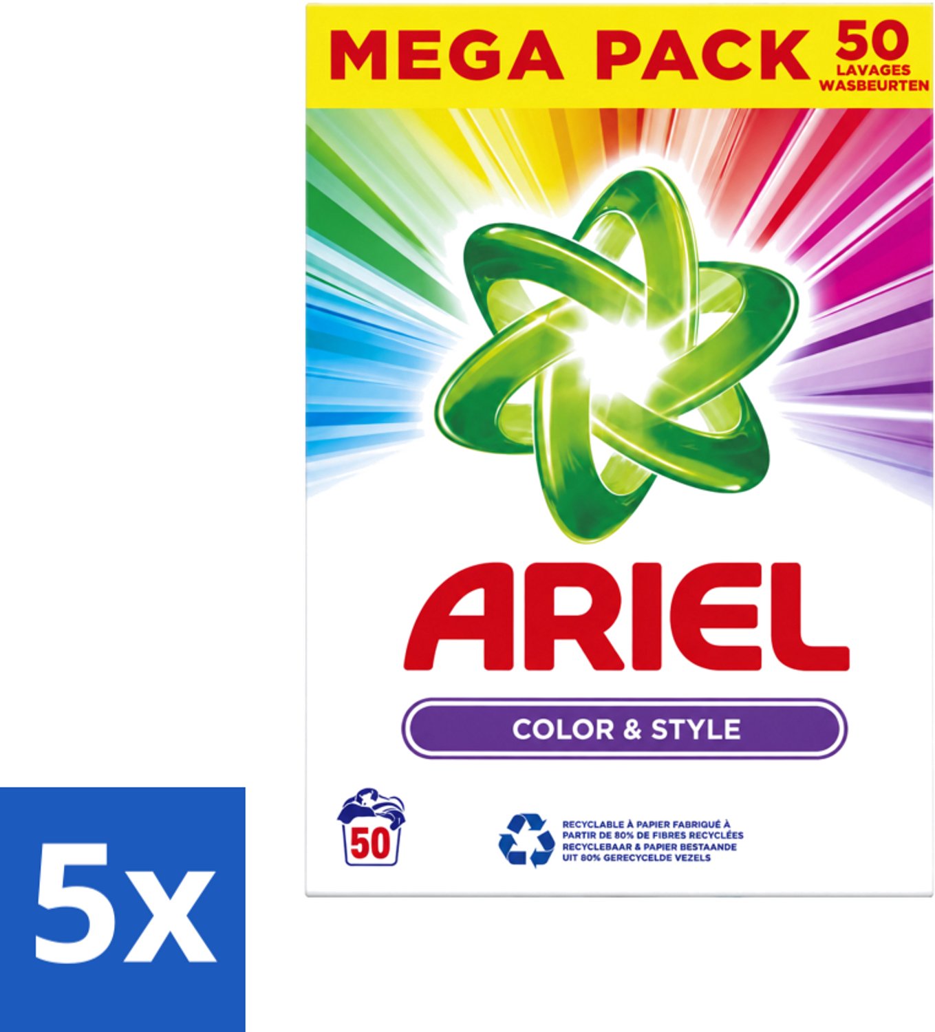 5 x Ariel Color & Style - Waspoeder - Gekleurde Was - 50 Wasbeurten - Voordeelverpakking - 5 stuks