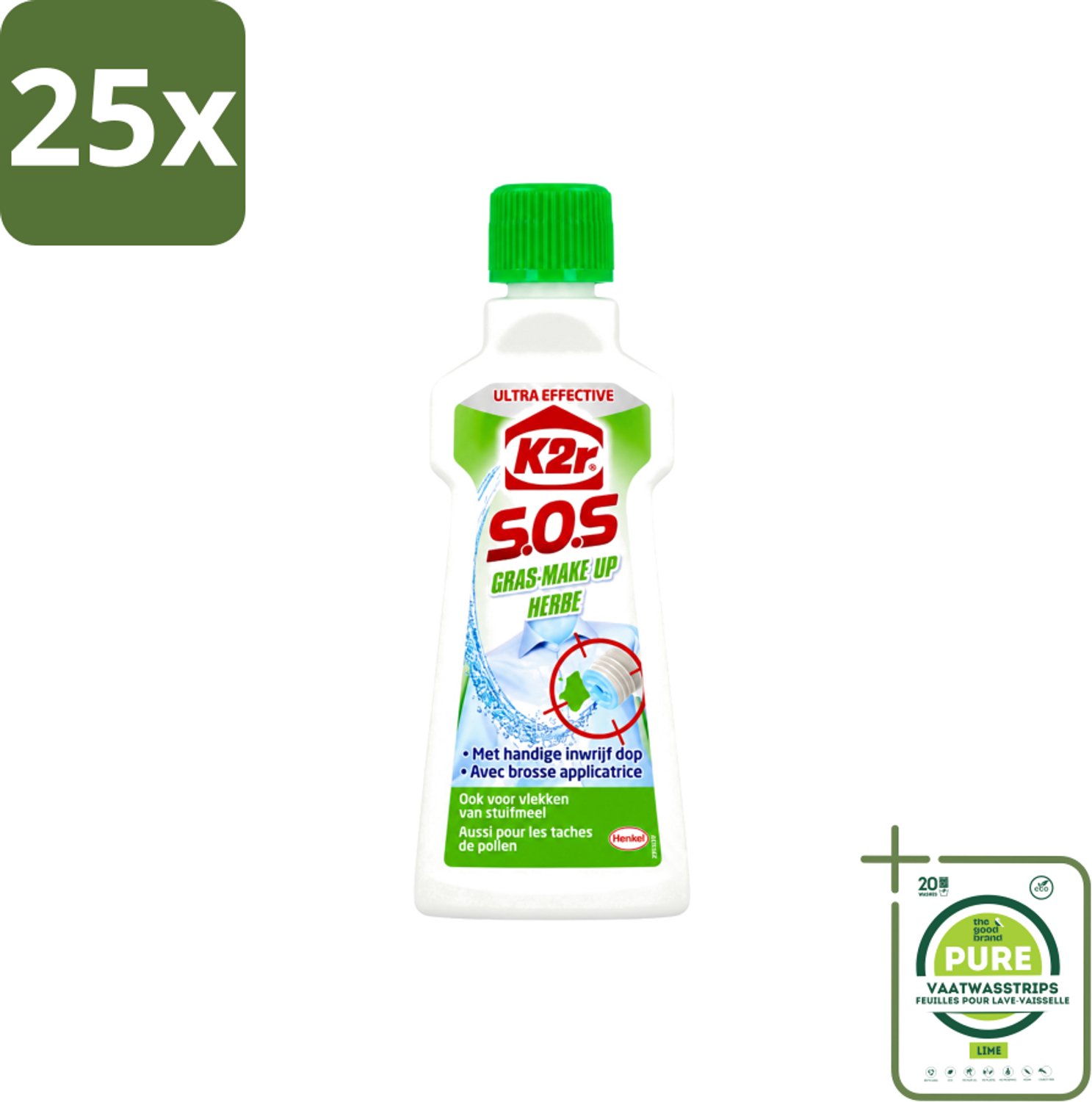 25 x K2R - SOS Vlekverwijderaar - Gras & Make-up - 50ml - Grootverpakking - Vaatwasstrips - Vlekverwijderaar - Grasvlek - Make-upvlek - Textielverwijderaar - Vlekken Verwijderen