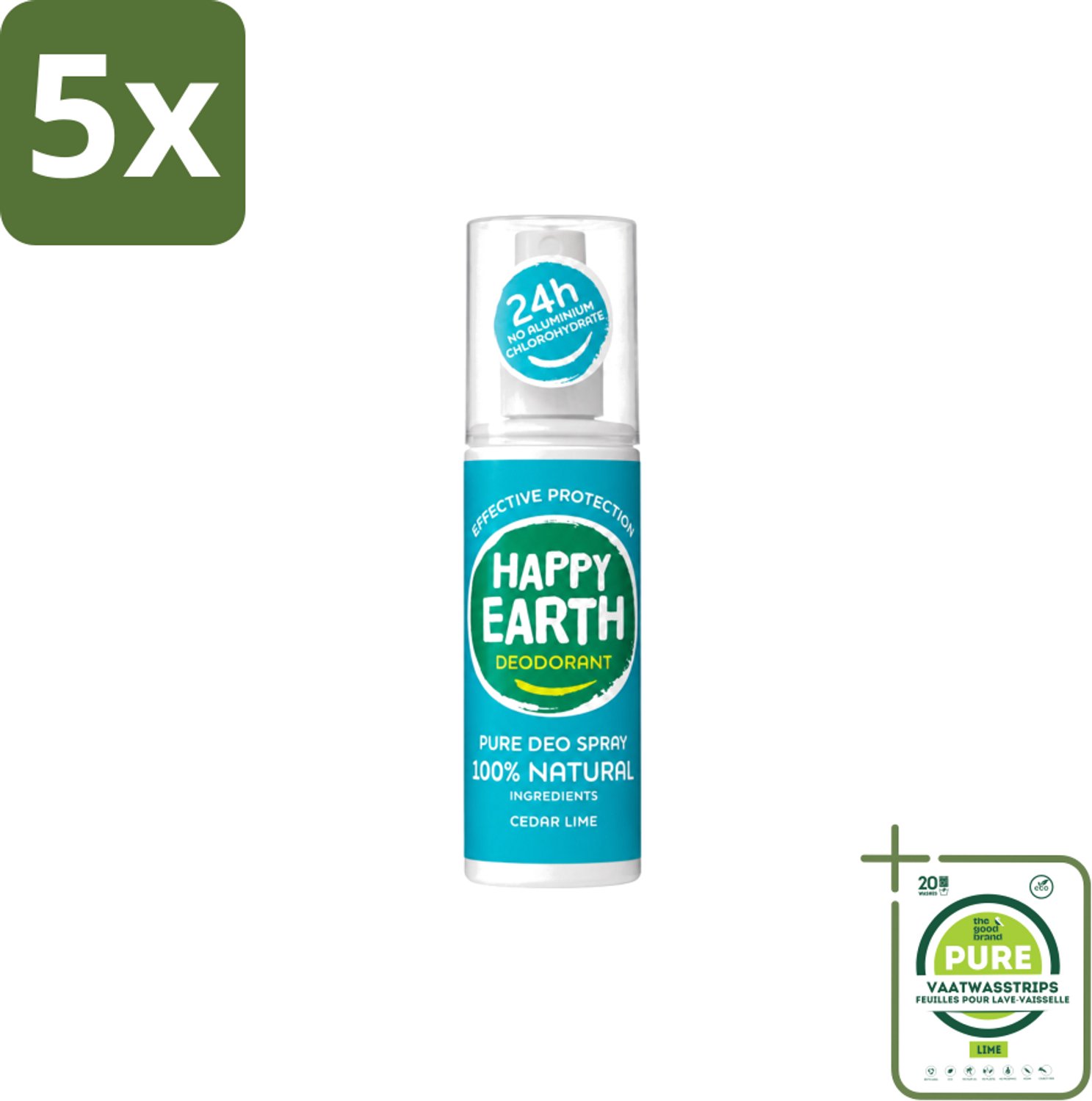 5 x Happy Earth – Deodorant Spray – 100% Natuurlijk Cedar Lime – 100 ml - Grootverpakking - Vaatwasstrips - Deodorant Spray - Fris Geur - Cederhout En Limoen - Natuurlijke Deodorant - Huidvriendelijk