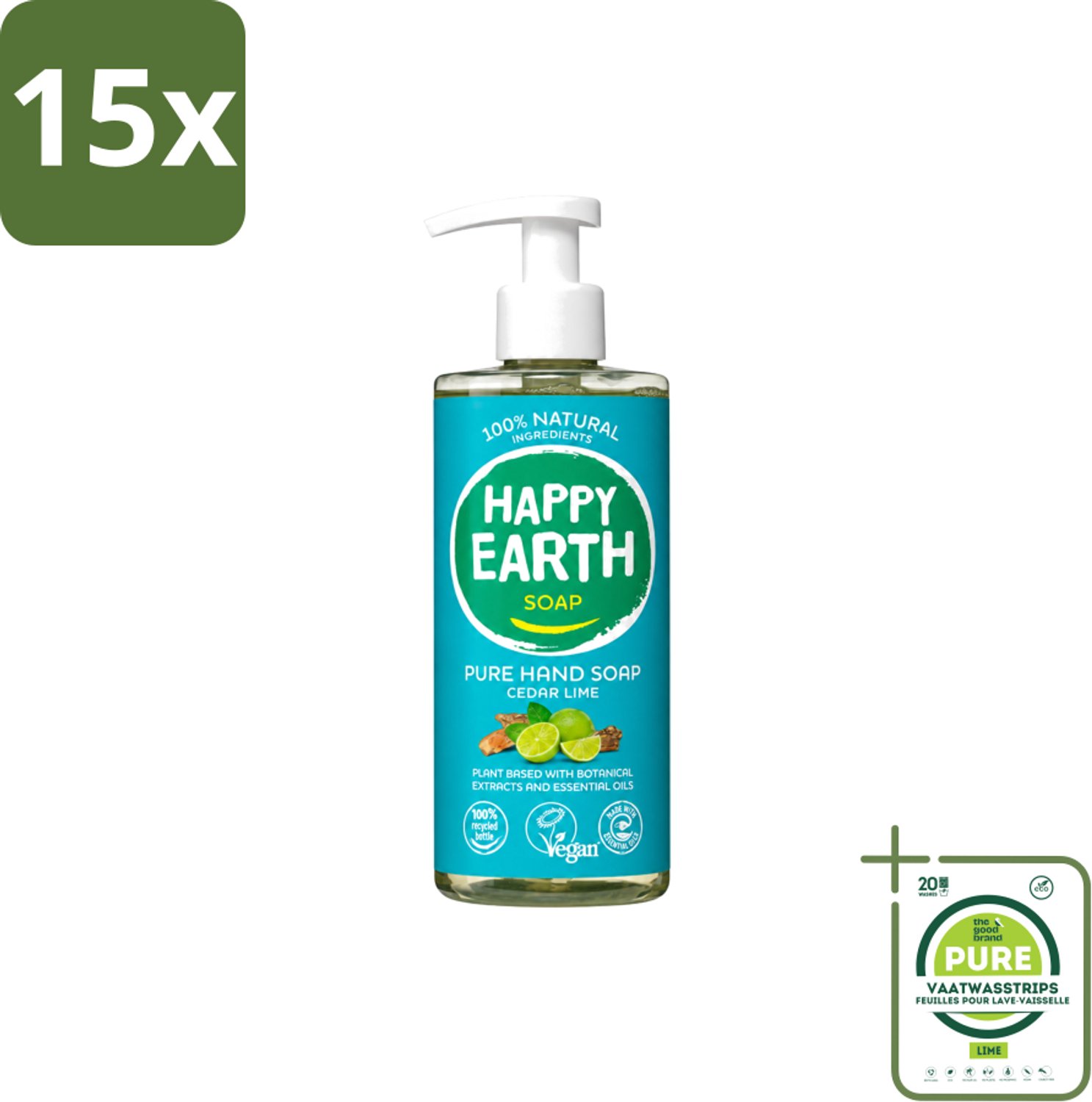 15 x Happy Earth – Handzeep – 100% Natuurlijk Cedar Lime – 300 ml - Grootverpakking - Vaatwasstrips - Natuurlijke Handzeep - Vegan Handzeep - Ceder En Limoen - Handzeep Met Essentiële Oliën - Antibacteriële Handzeep