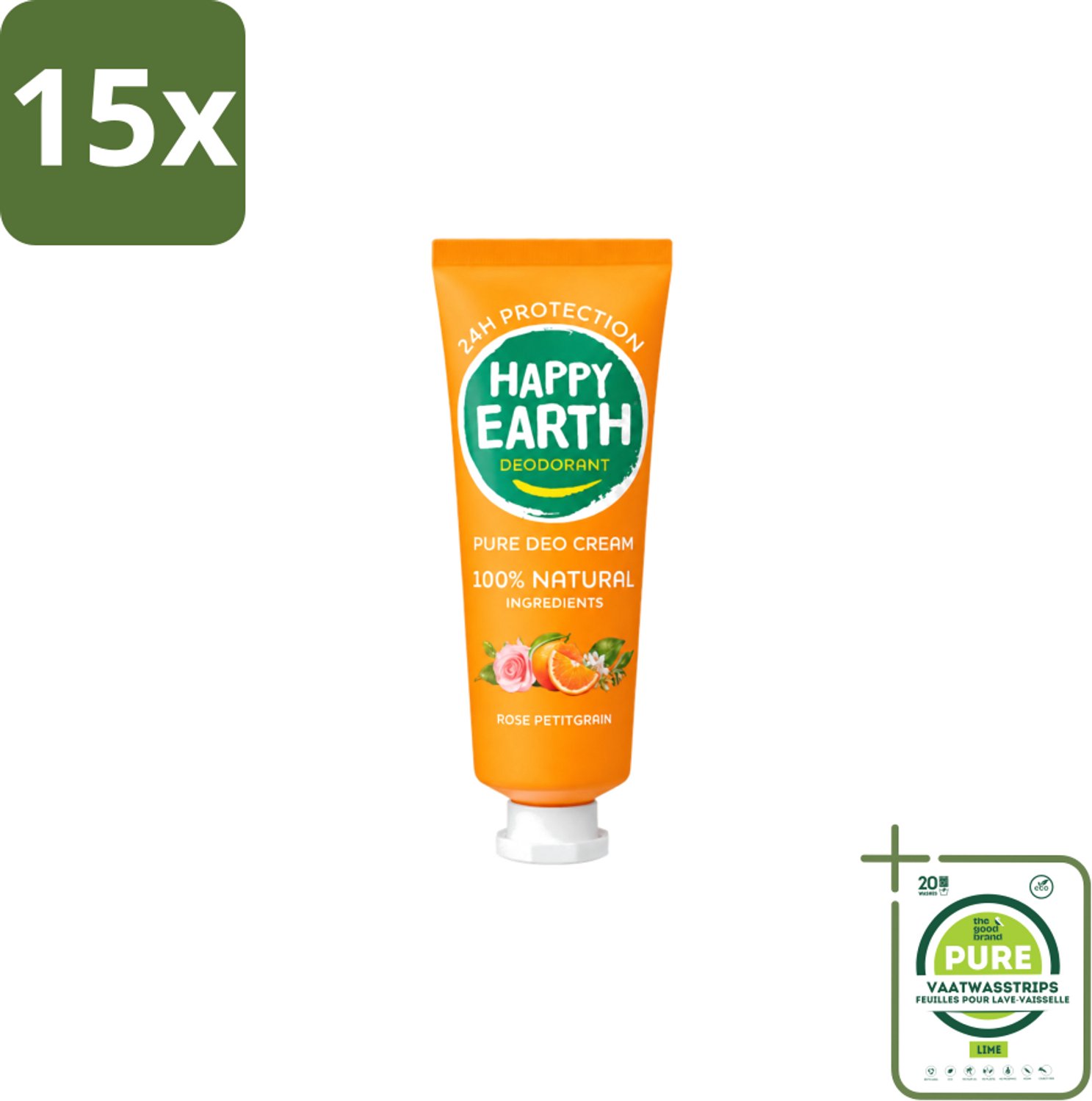 15 x Happy Earth – Deodorant Cream – 100% Natuurlijk Rose Petitgrain – 40 ml - Grootverpakking - Vaatwasstrips - Natuurlijke Deodorant - Deodorant Crème - Frisse Geur - Bloemige Geur - Huidvriendelijk