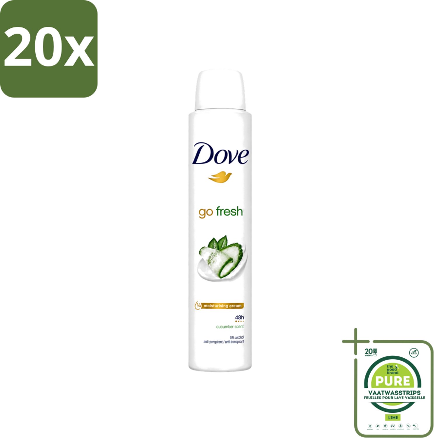 20 x Dove Go Fresh - Deospray - Groene Thee & Komkommer - 200 ml - Grootverpakking - Vaatwasstrips - Dove Go Fresh Deospray Groene Thee & Komkommer - Frisheid - Transpiratie Bescherming - Geur - Oksel Crème