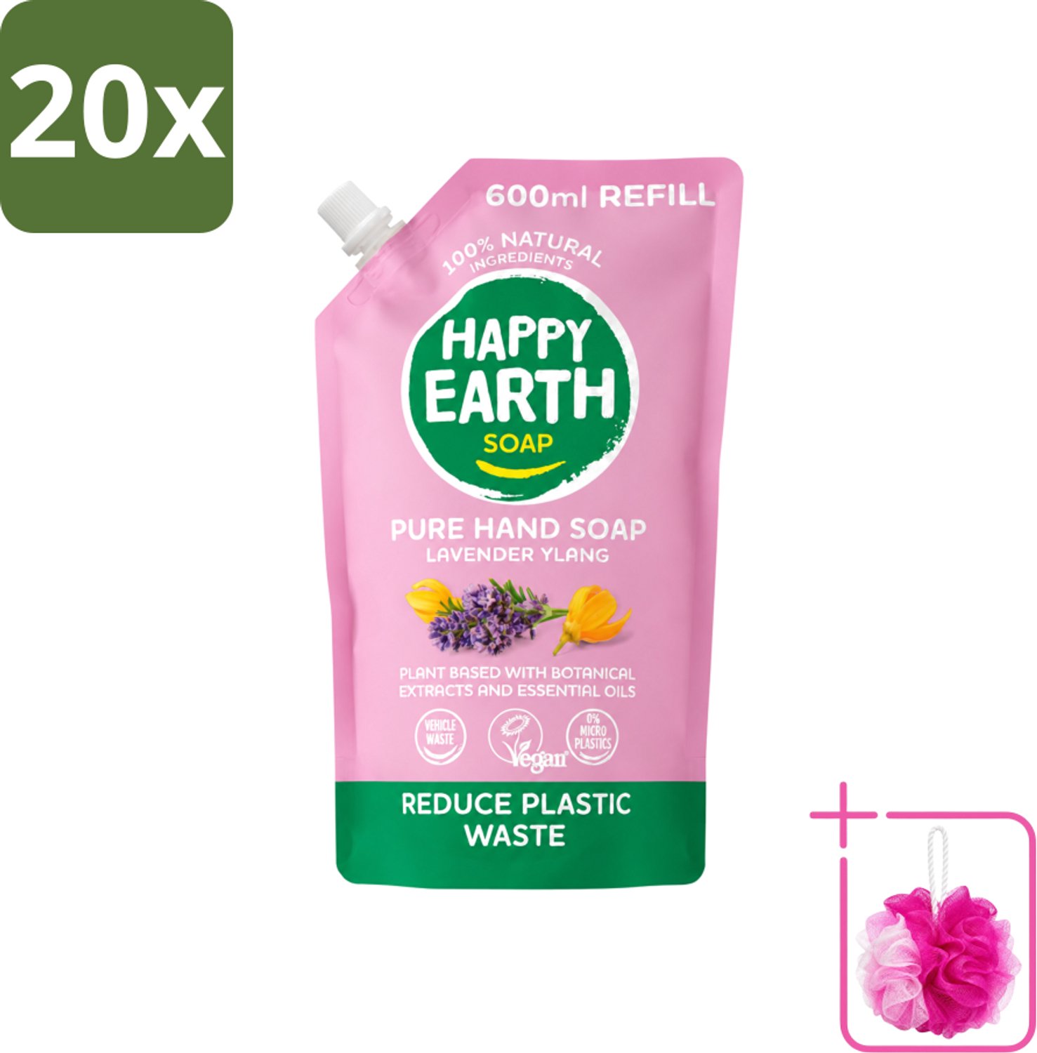 20 x Happy Earth – Handzeep Navulling – 100% Natuurlijk Lavender Ylang – 600 ml - Bulkverpakking - Natuurlijke handzeep - Douchemop - Navulverpakking