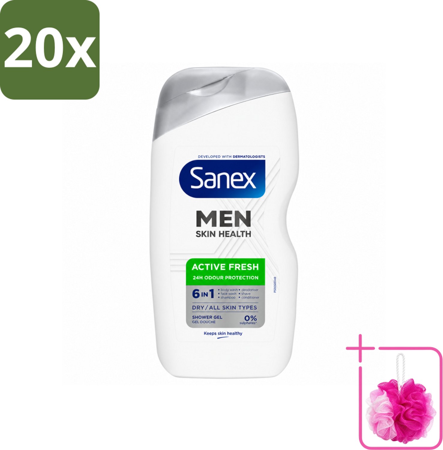20 x Sanex – Douchegel – Men Active Fresh – 400 ml - Bulkverpakking - Douchegel voor mannen - Douchemop - Frisheid