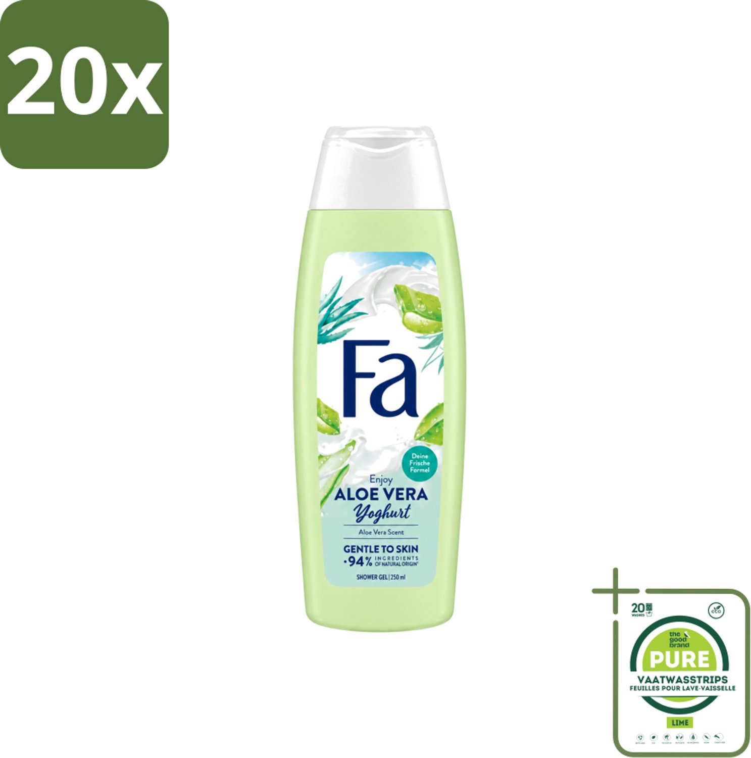 20 x Fa - Douchegel - Yoghurt & Aloe Vera - 250 ml - Grootverpakking - Vaatwasstrips - Douchegel Yoghurt Aloe Vera - Yoghurt Douchegel - Aloe Vera Douchegel - Verzorgende Douchegel - Hydraterende Douchegel