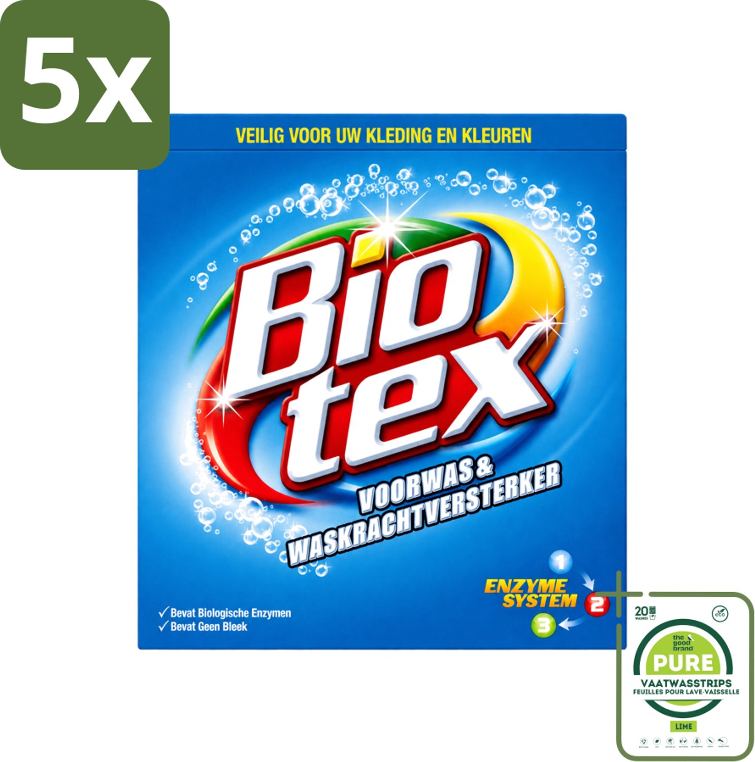 5 x Biotex - Voorwas & Waskrachtversterker - Waspoeder - Witte en Gekleurde Was - 50 Wasbeurten - Grootverpakking - Vaatwasstrips - Waspoeder - Wasmiddel - Vlekverwijdering - Waskrachtversterker - Enzymen