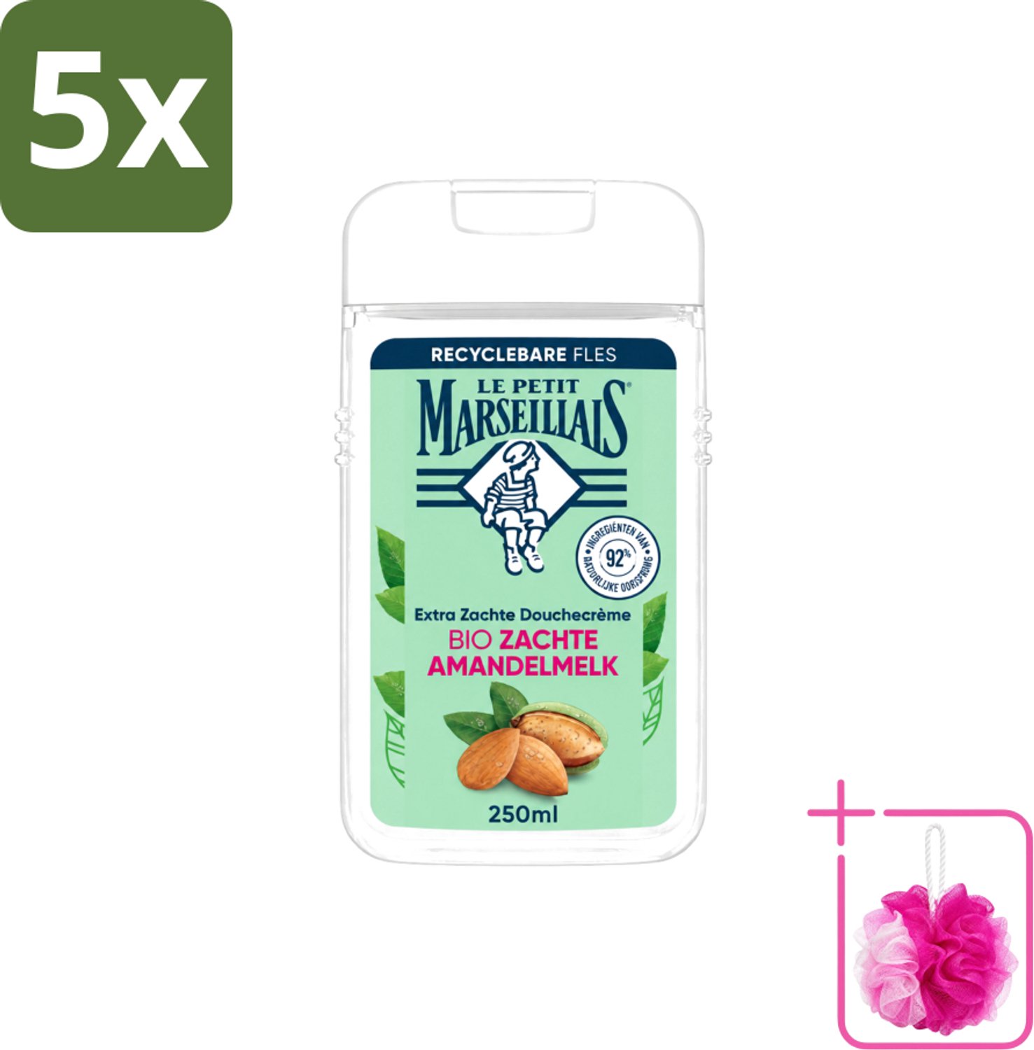 5 x Le Petit Marseillais – Douchecrème – Zoete Amandel – Hydraterend – 250 ml - Bulkverpakking - Douchecrème - Douchemop - Amandel