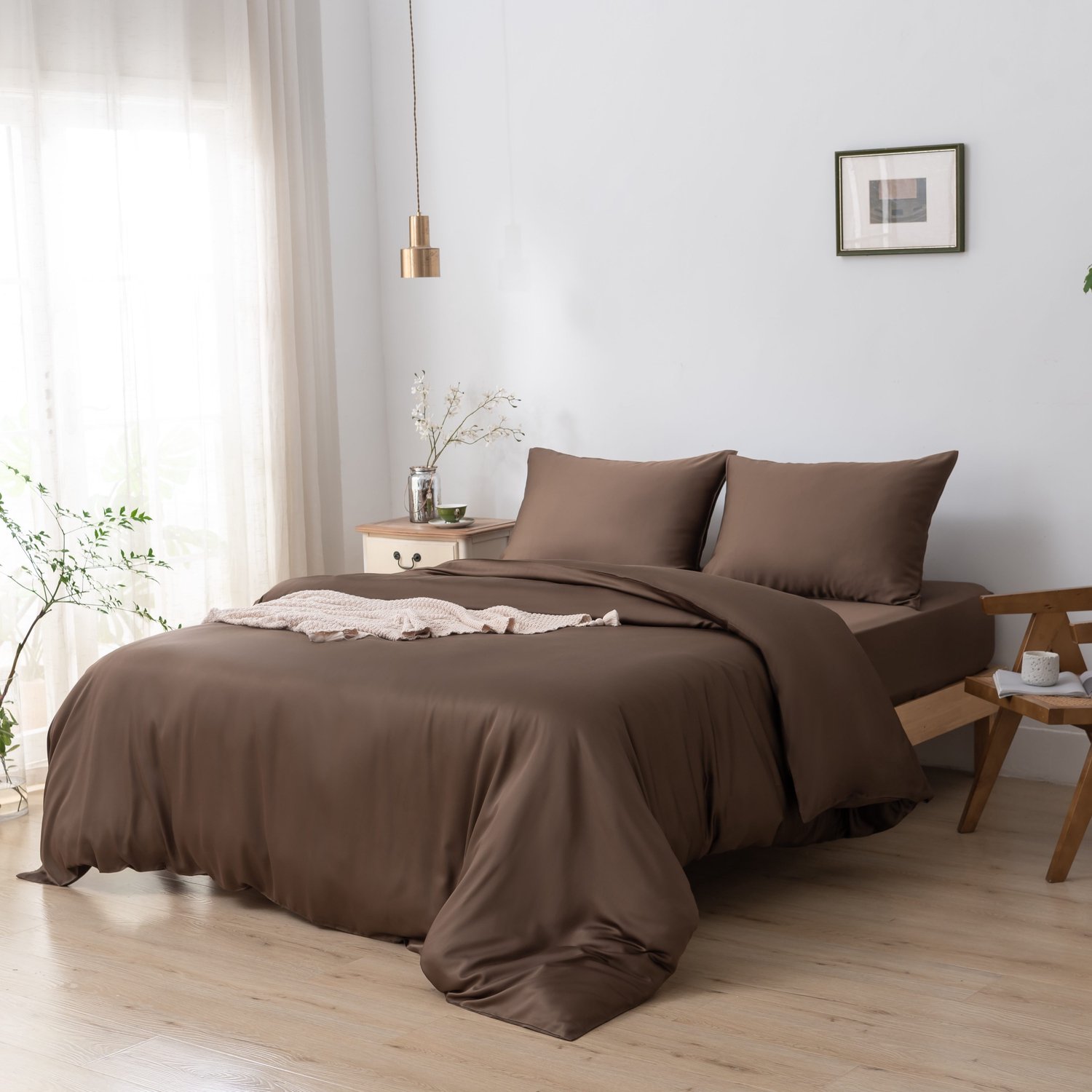 Boomba Bamboo bamboe beddengoedset - Coffee Brown - 2-persoons L - dekbedovertrek 200x220 cm, hoeslaken 160x200 cm en 2 kussenslopen 60x70 cm - 400TC satijn Bruin