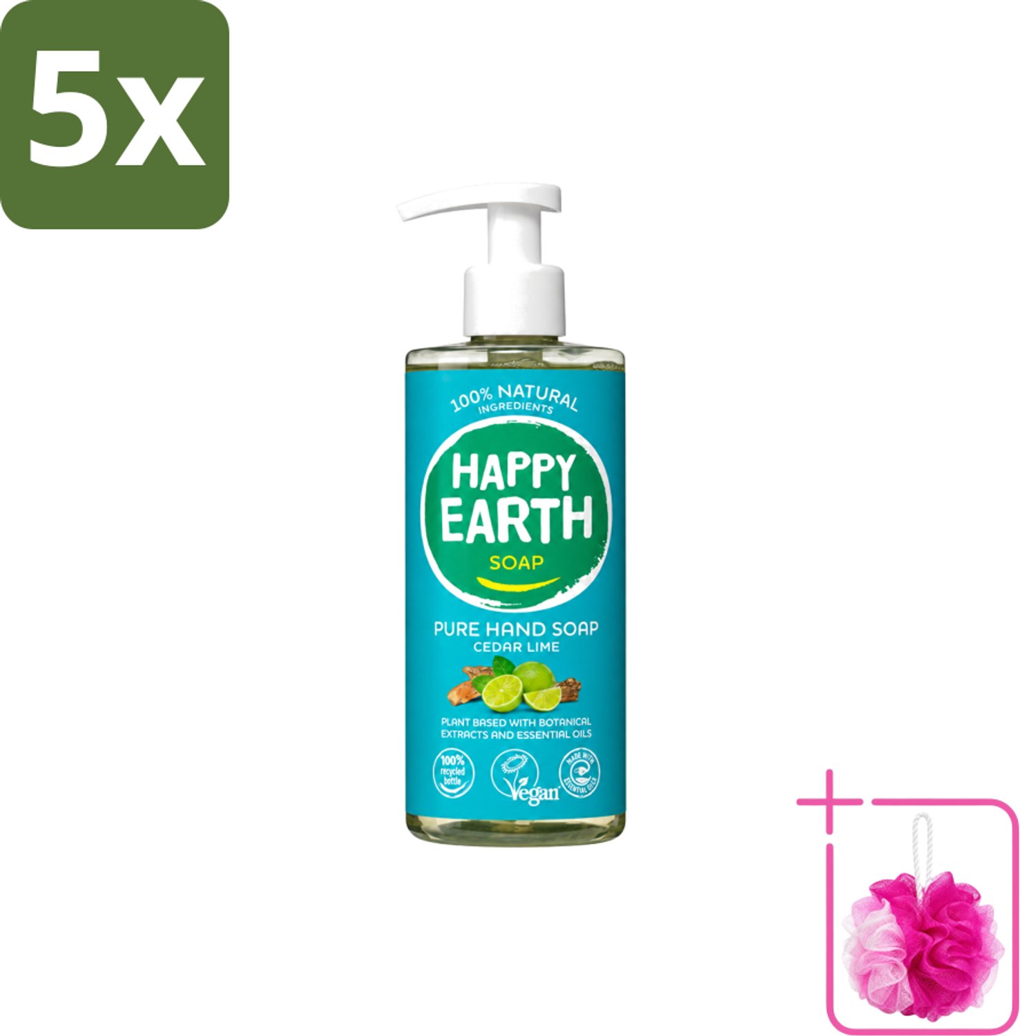 5 x Happy Earth – Handzeep – 100% Natuurlijk Cedar Lime – 300 ml - Bulkverpakking - Natuurlijke handzeep - Douchemop - Vegan handzeep