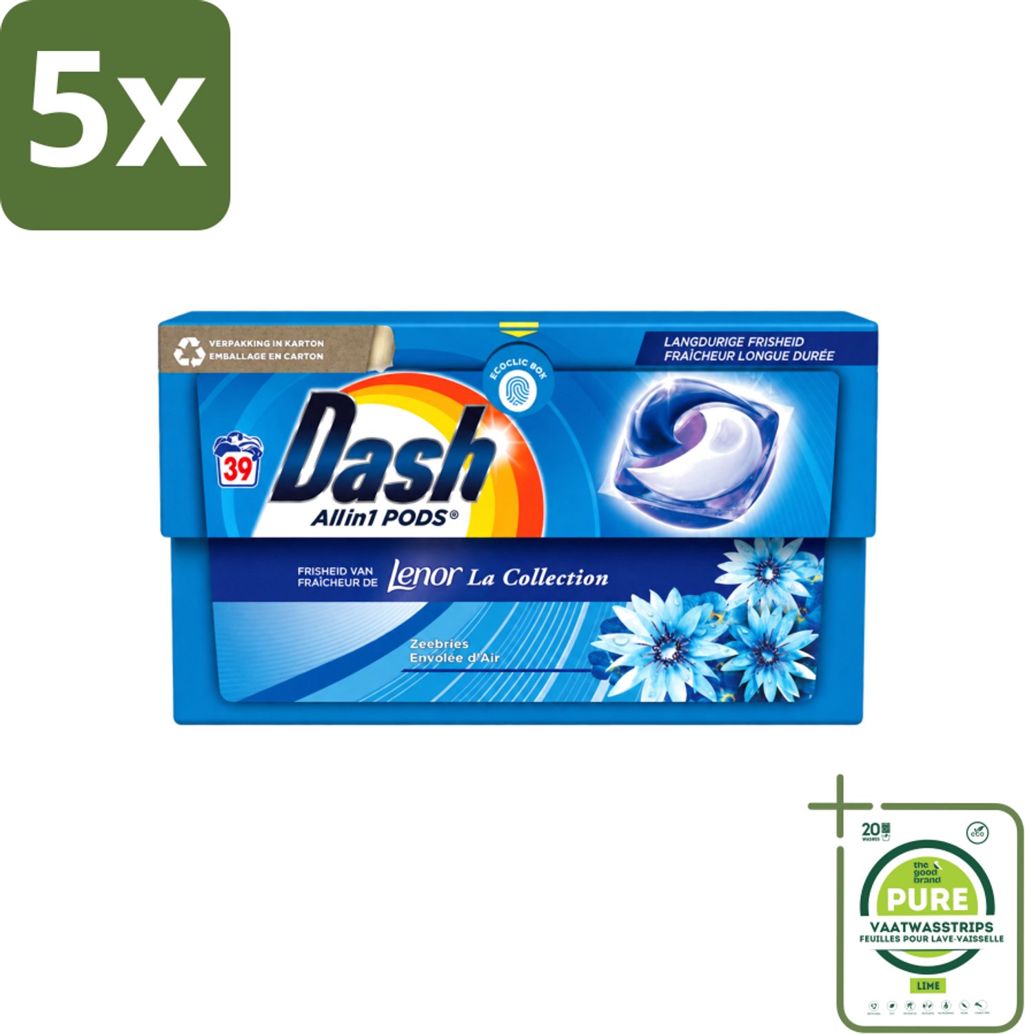 5 x Dash - Lenor Collectie - Wasmiddel Capsules - All-in-1 Pods - Witte en Gekleurde Was - 39 Wasbeurten - Grootverpakking - Vaatwasstrips - Wasmiddel Capsules - Frisheid - Zeebries Geur - Wasmachine - Wasbeurten