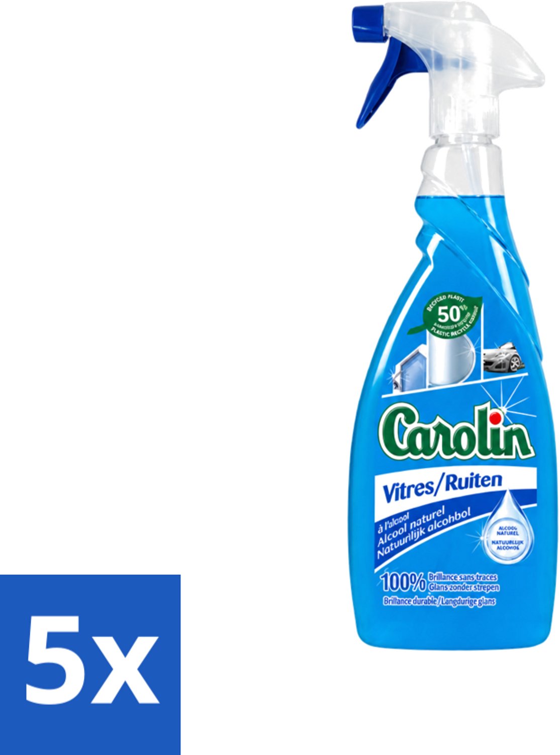 5 x Carolin - Glas- en Ruitenreiniger - Met Natuurlijke Alcohol - 650 ml - Voordeelverpakking - 5 stuks