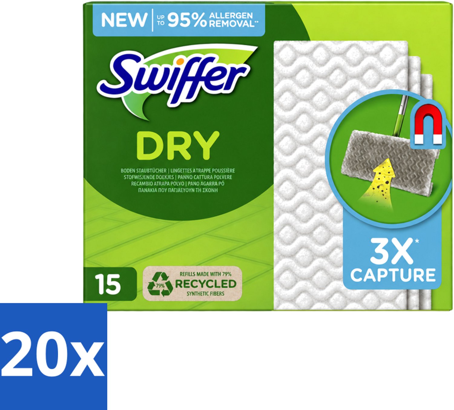 20 x Swiffer Dry - Vloerdoekjes - Navulling - Gerecyclede Fibers - 15 Doekjes - Voordeelverpakking - 20 stuks
