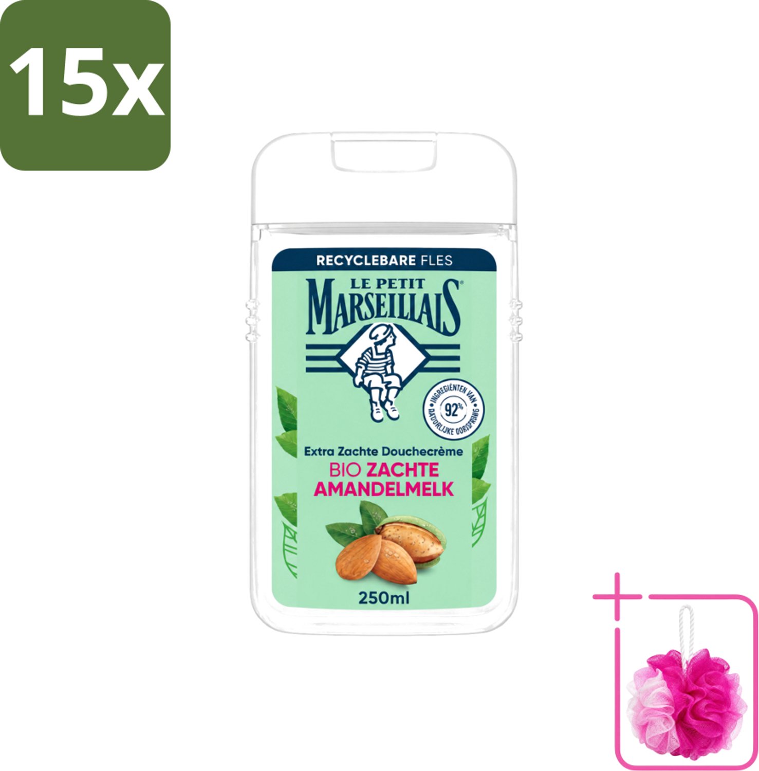 15 x Le Petit Marseillais – Douchecrème – Zoete Amandel – Hydraterend – 250 ml - Bulkverpakking - Douchecrème - Douchemop - Amandel