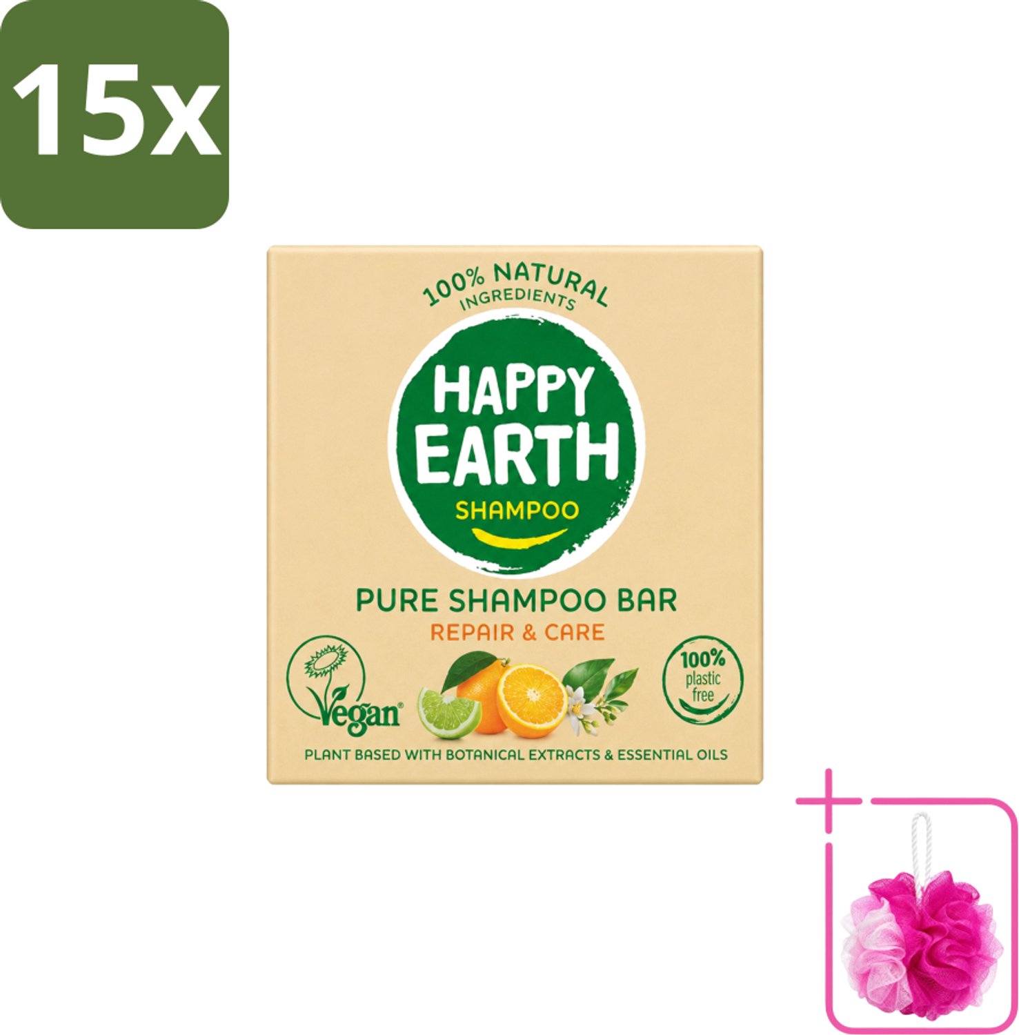 15 x Happy Earth – Shampoo Bar – 100% Natuurlijk Repair & Care – 70 g - Bulkverpakking - Shampoo bar - Douchemop - Droog haar