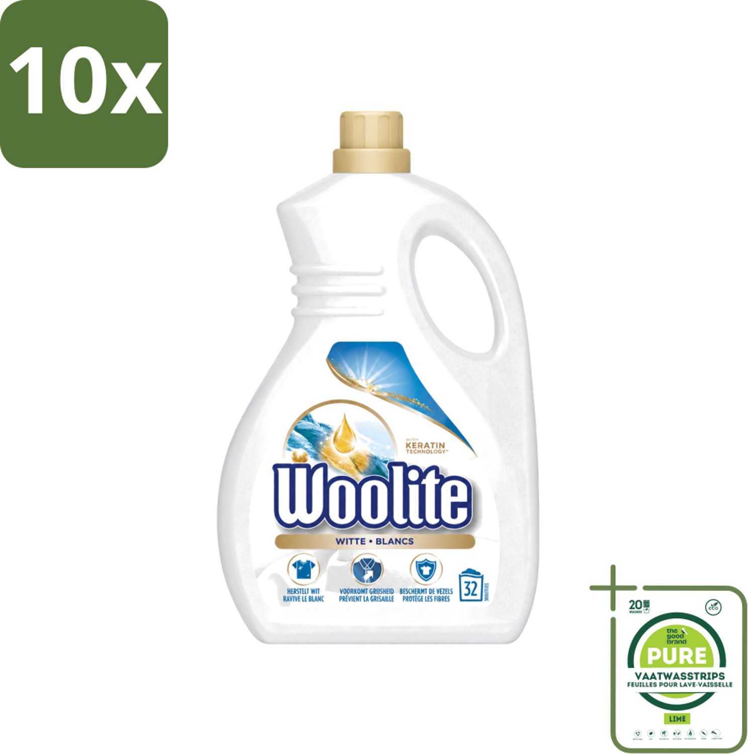 10 x Woolite White - Vloeibaar Wasmiddel - Met Keratine - Witte Was - 32 Wasbeurten - 1,9L - Grootverpakking - Vaatwasstrips - Wasmiddel Wit - Keratine Wasmiddel - Witte Was - Witte Kleding - Wasbeurten