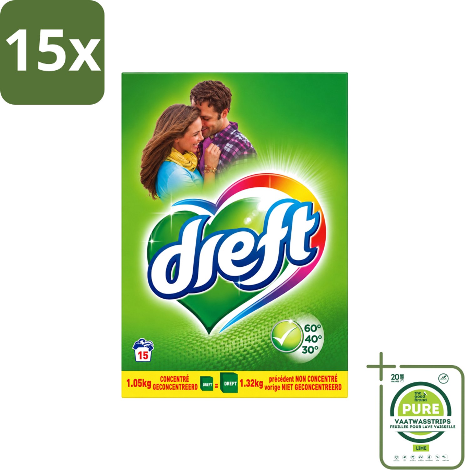 15 x Dreft - Waspoeder - Witte en Gekleurde Was - Original - 15 Wasbeurten - Grootverpakking - Vaatwasstrips - Waspoeder - Kleurbescherming - Witte Was - Gekleurde Was - Reiniging