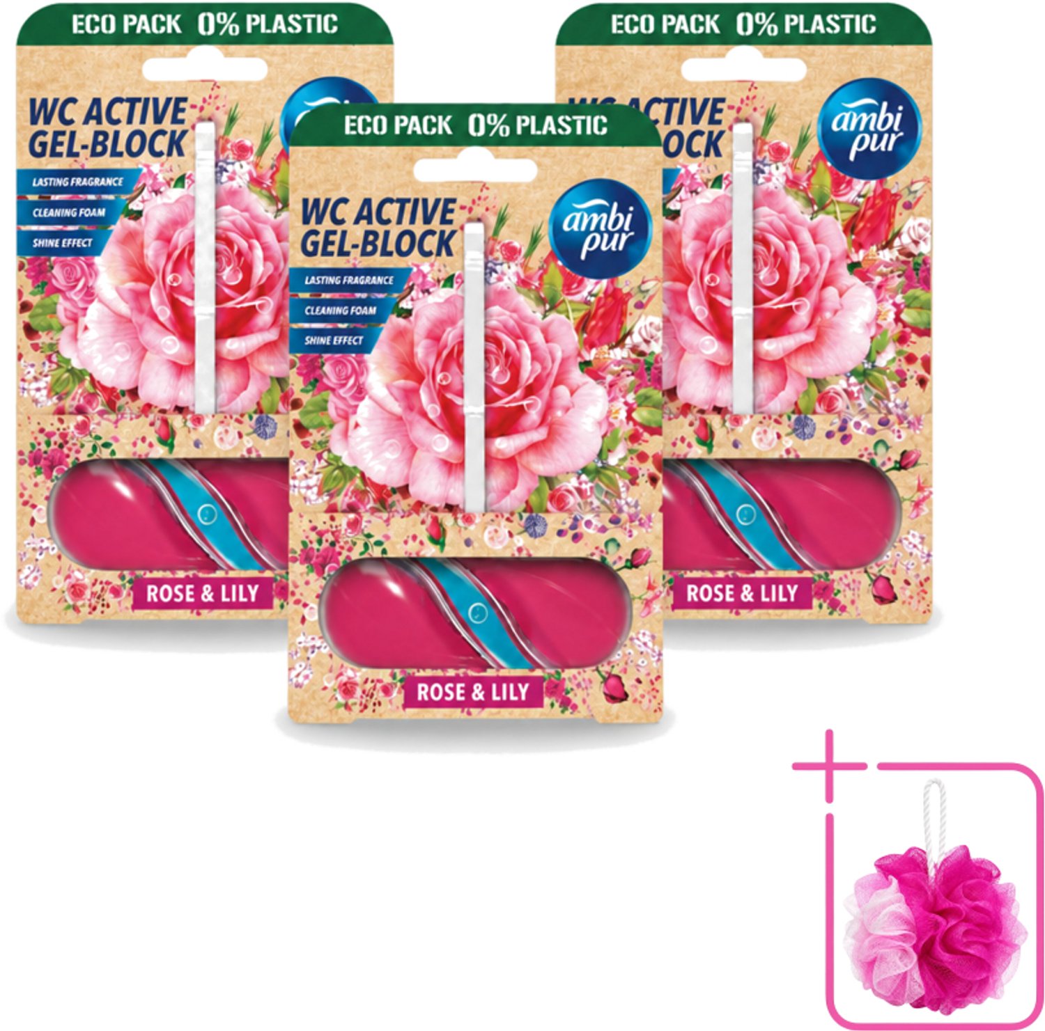 3 x Ambi Pur – Toiletblok – Roos & Lelie – 45 g - Bulkverpakking - Toiletblok roos en lelie - Douchemop - Frisse geur toilet