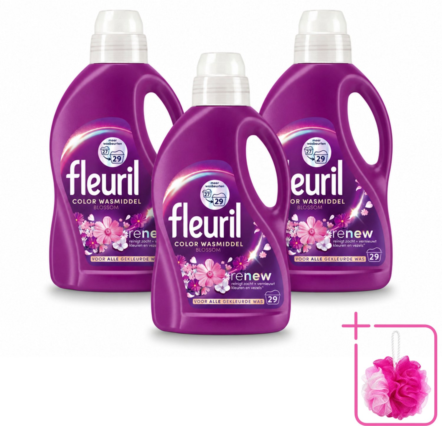 3 x Fleuril – Wasmiddel - Color Blossom – 29 wasbeurten – 1,305 L - Bulkverpakking - Kleurbehoud - Douchemop - Wasmiddel voor gekleurde kleding