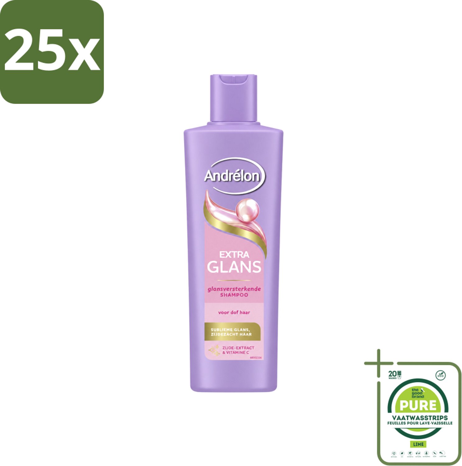 25 x Andrélon – Shampoo – Extra Glans – 250 ml - Grootverpakking - Vaatwasstrips - Glans Haar - Stralend Haar - Zacht Haar - Verzorgd Haar - Dof Haar