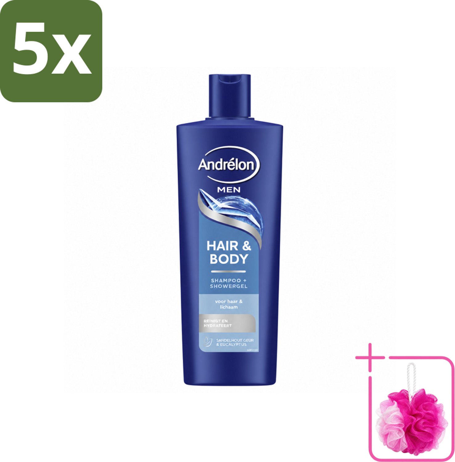 5 x Andrélon – Shampoo – Hair & Body Men – 400 ml - Bulkverpakking - Mannelijke haar en huid verzorging - Douchemop - 2-in-1 shampoo en showergel