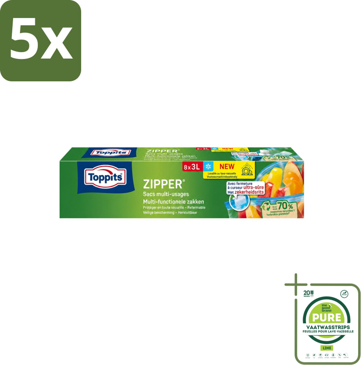 5 x Toppits – Zipper Multifunctionele Zakken – 3 Liter – 8 Zakjes - Grootverpakking - Vaatwasstrips - Zipper Zakken - Lekvrij - Herbruikbaar - Invriezen - Marineren