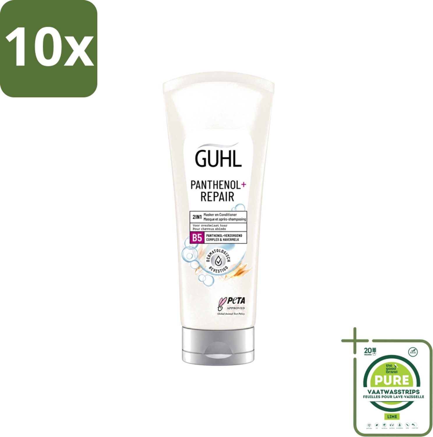 10 x Guhl – 2-in-1 Masker & Conditioner – Panthenol+Repair – 200 ml - Grootverpakking - Vaatwasstrips - Haarmasker - Conditioner - Panthenol - Haarverzorging - Haarherstel