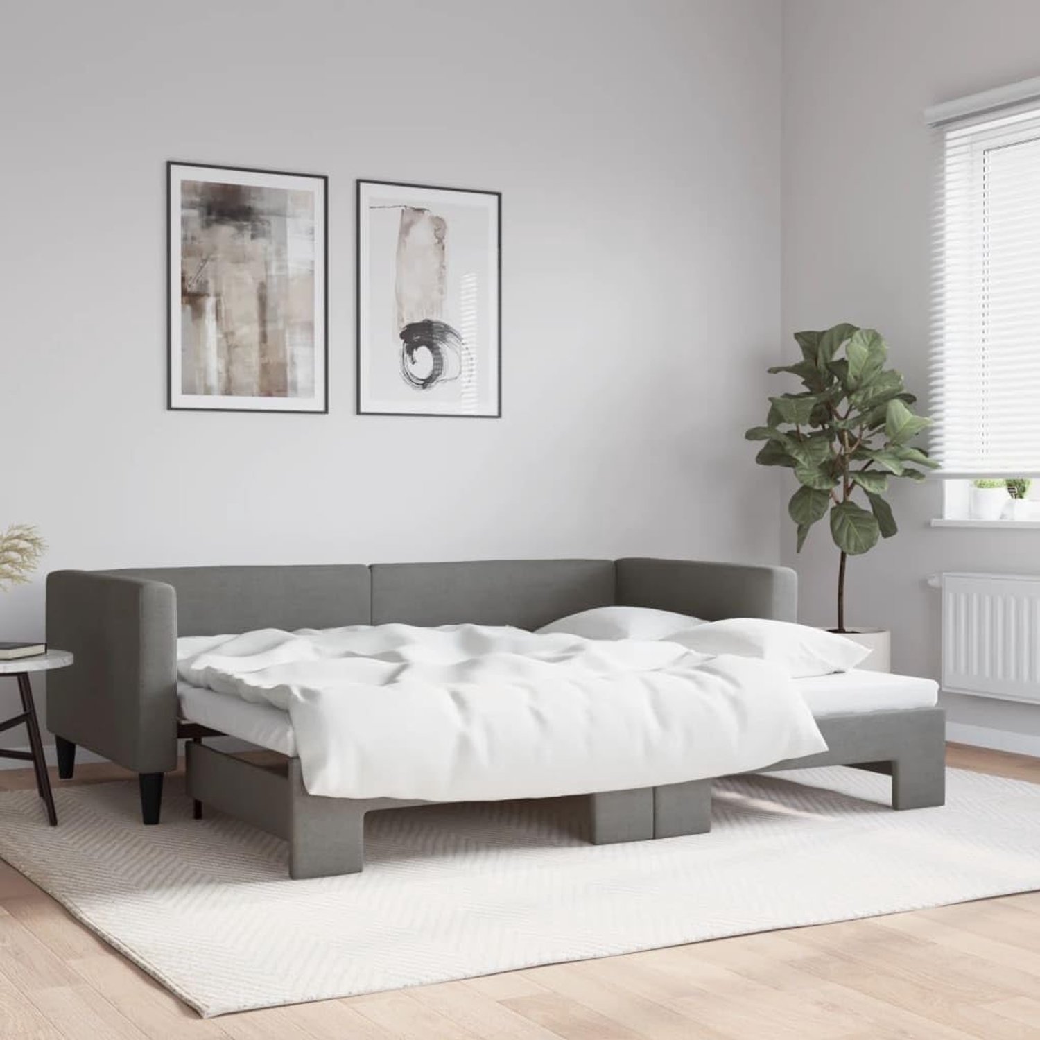 Dagbed, donkergrijs, 90 x 200 cm, stoffen bekleding, 2-in-1 slaapbank, logeerbed met rollade, voor woonkamer, slaapkamer