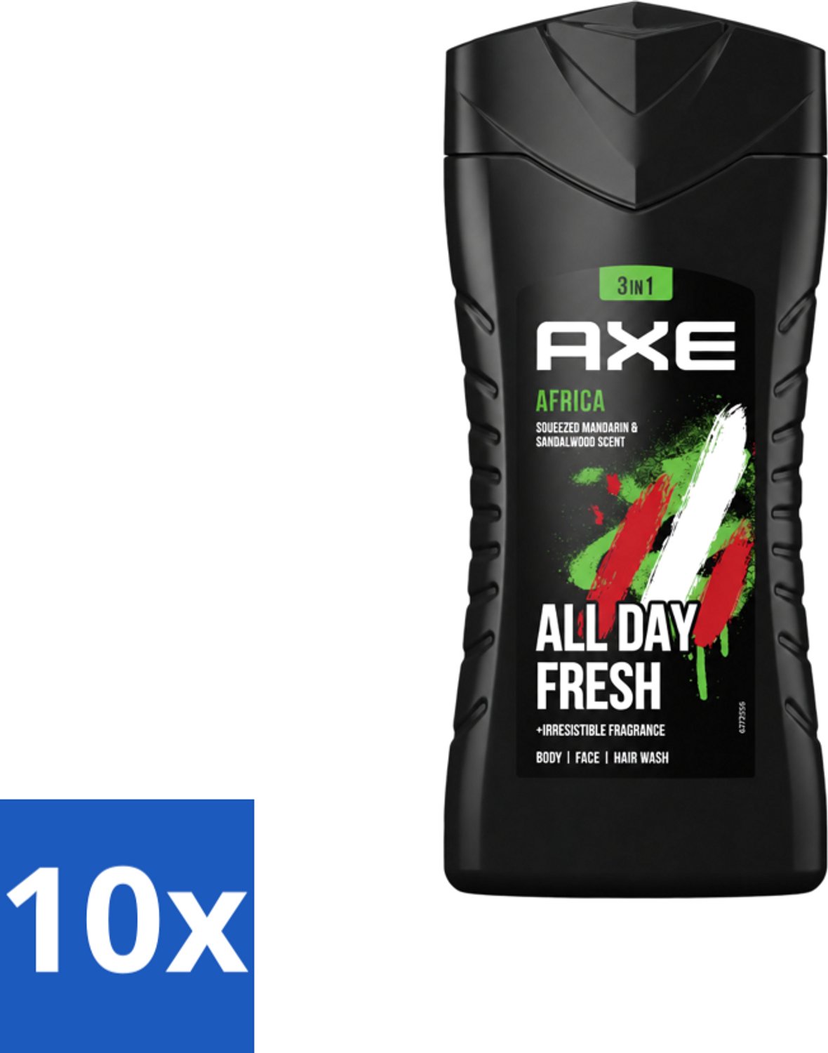 10 x Axe - 3-in-1 Douchegel - Africa - Squeezed Mandarin & Sandalwood - 12hrs Long Lasting Scent - 250 ml - Voordeelverpakking - 10 stuks