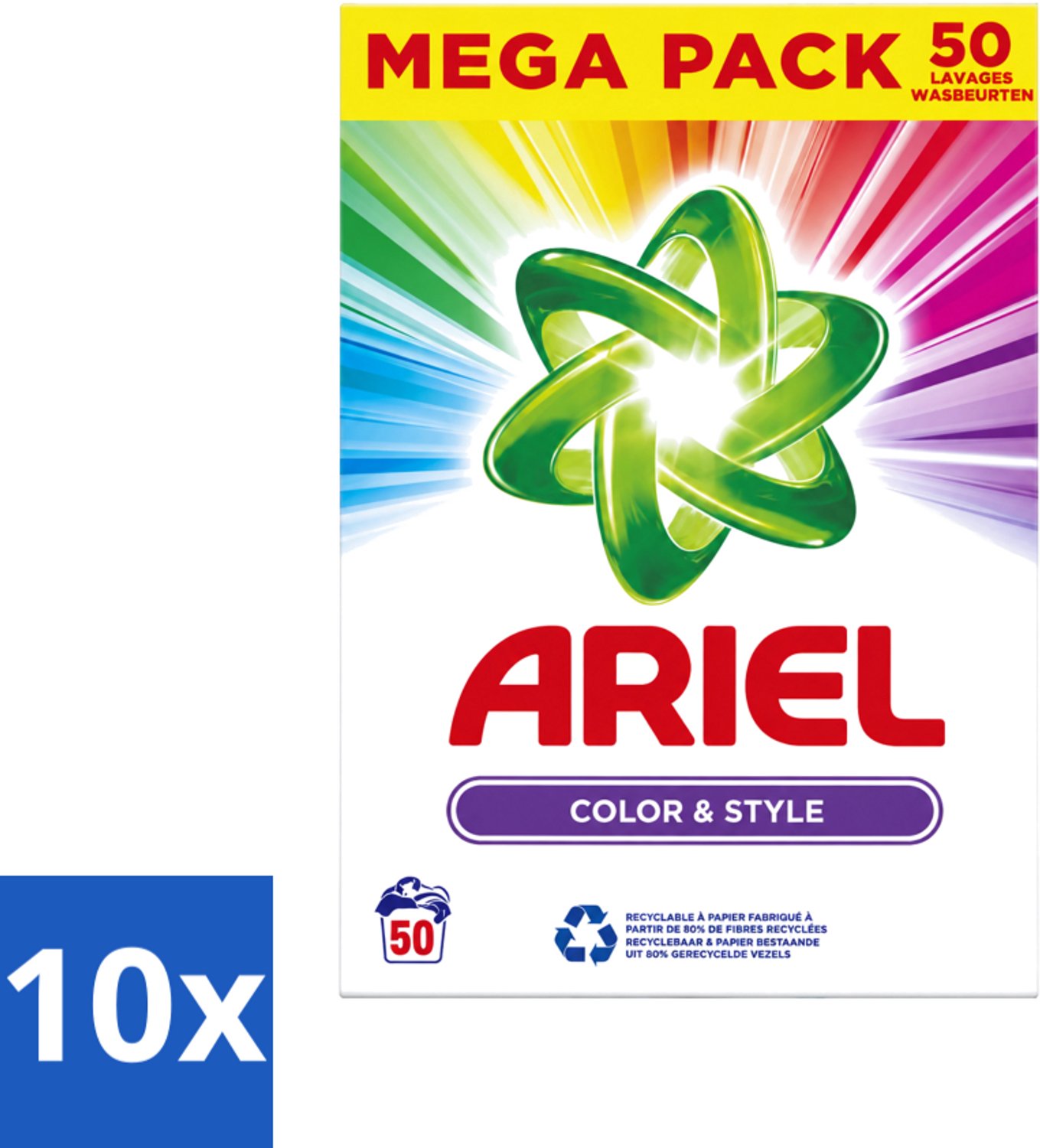10 x Ariel Color & Style - Waspoeder - Gekleurde Was - 50 Wasbeurten - Voordeelverpakking - 10 stuks