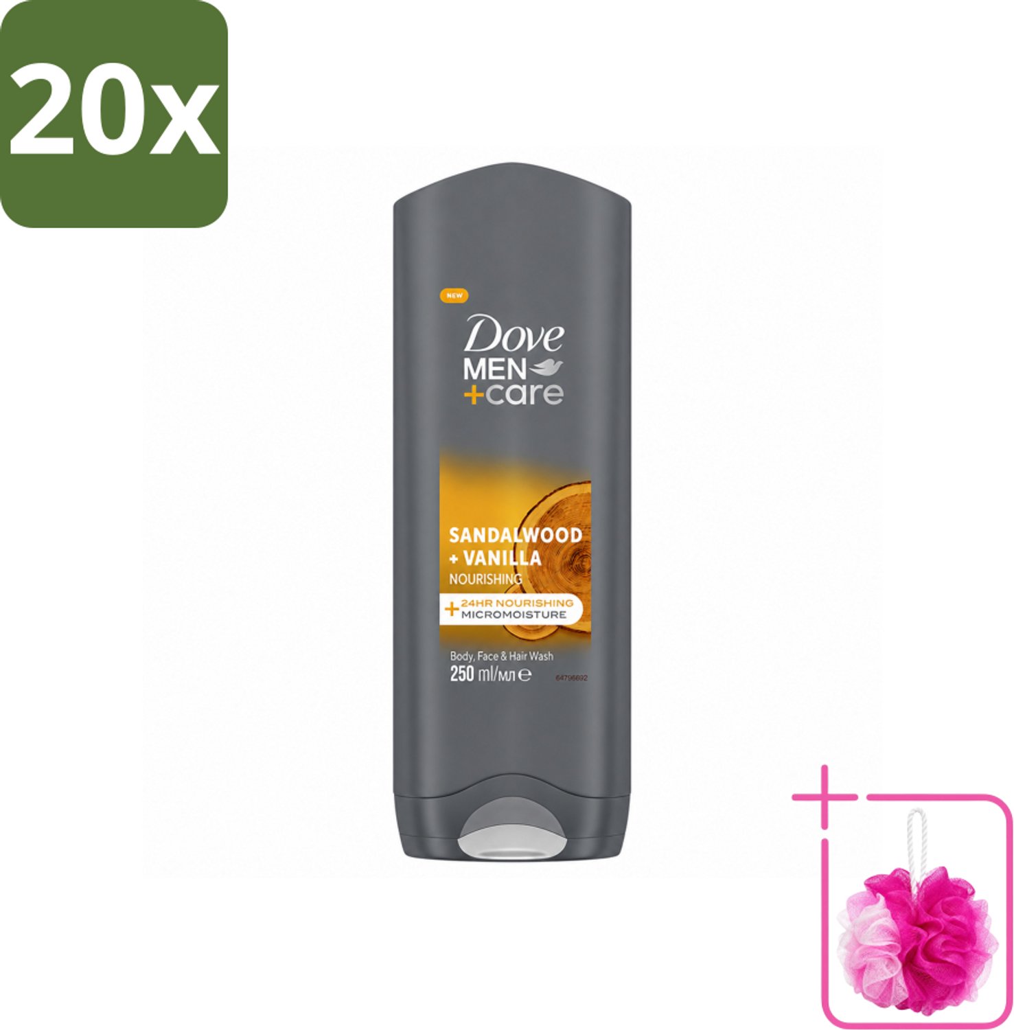 20 x Dove – Douchegel – Men+Care Sandalwood & Vanilla – 250 ml - Bulkverpakking - Douchegel voor mannen - Douchemop - Huidverzorging