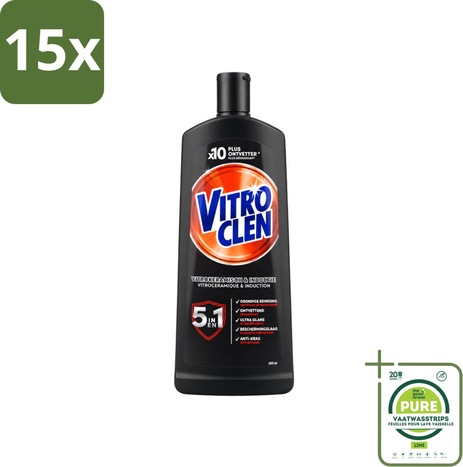15 x Vitroclen - Kookplaatreiniger - Keramisch & Inductie - 5 in 1 - 500 ml - Grootverpakking - Vaatwasstrips - Keramische Kookplaat Reinigen - Inductiekookplaat Reinigen - Kookplaat Reiniger - Kookplaat Beschermen - Vlekken Verwijderen