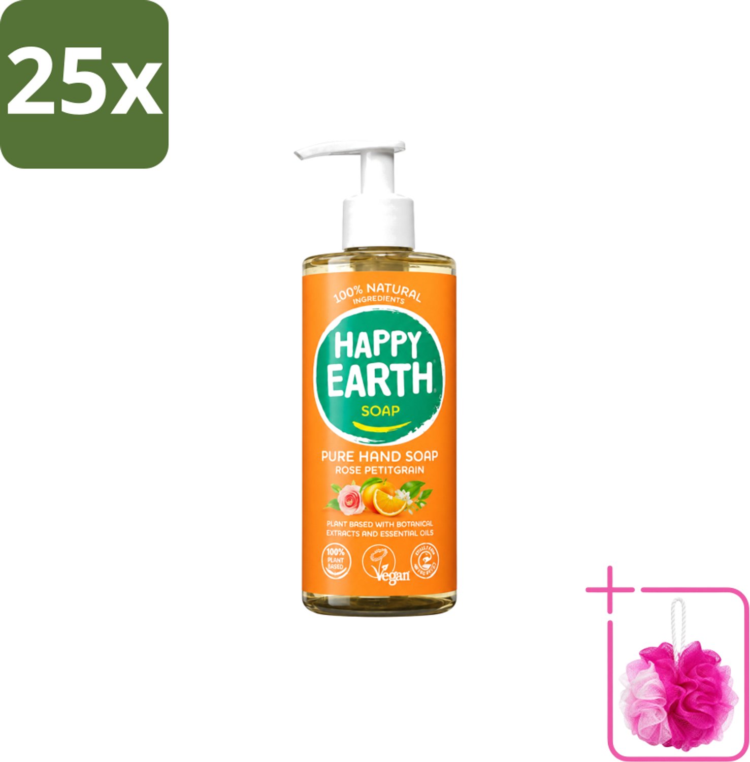 25 x Happy Earth – Handzeep – 100% Natuurlijk Rose Petitgrain – 300 ml - Bulkverpakking - Natuurlijke handzeep - Douchemop - Vegan handzeep