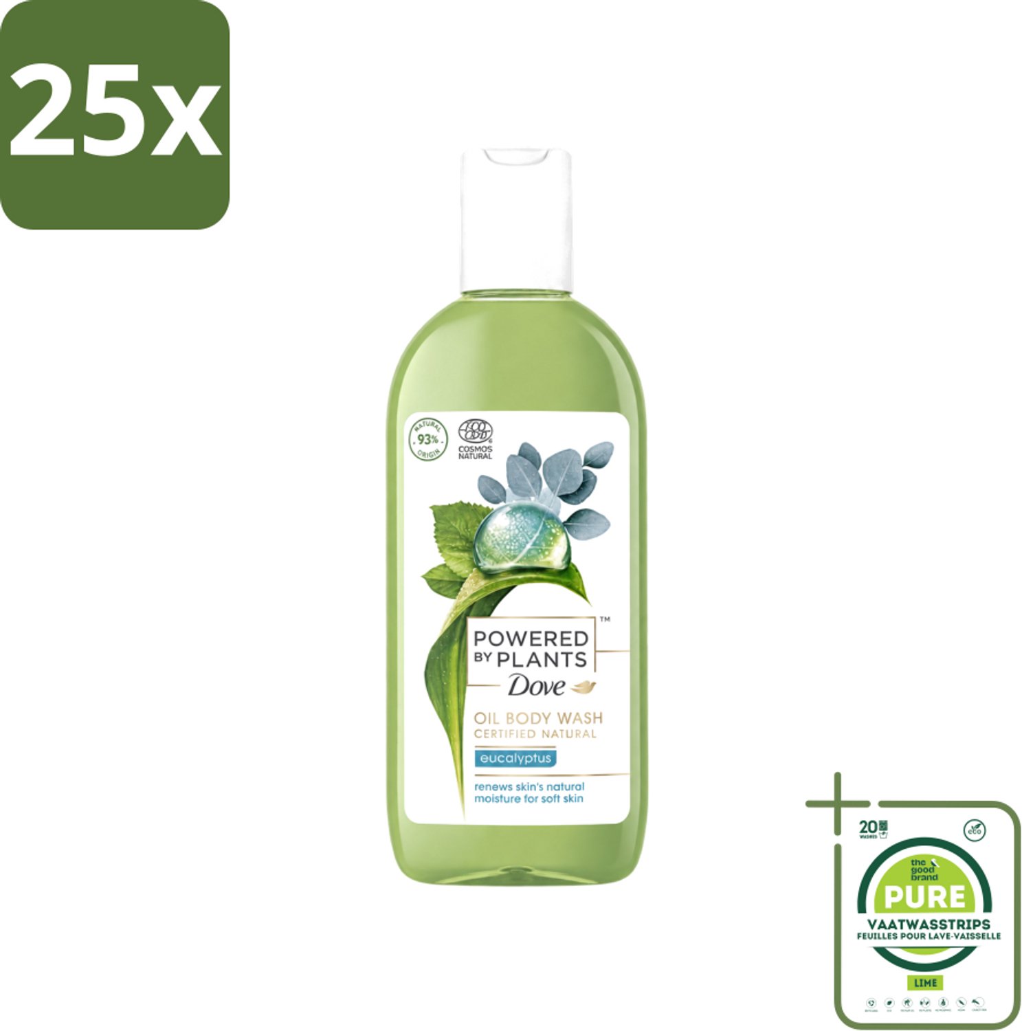 25 x Dove Powered by Plants - Oil Body Wash - Eucalyptus - 250 ml - Grootverpakking - Vaatwasstrips - Natuurlijke Verzorging - Eucalyptus - Olie - Lichaamsschoonmaak - Hydraterende Douche