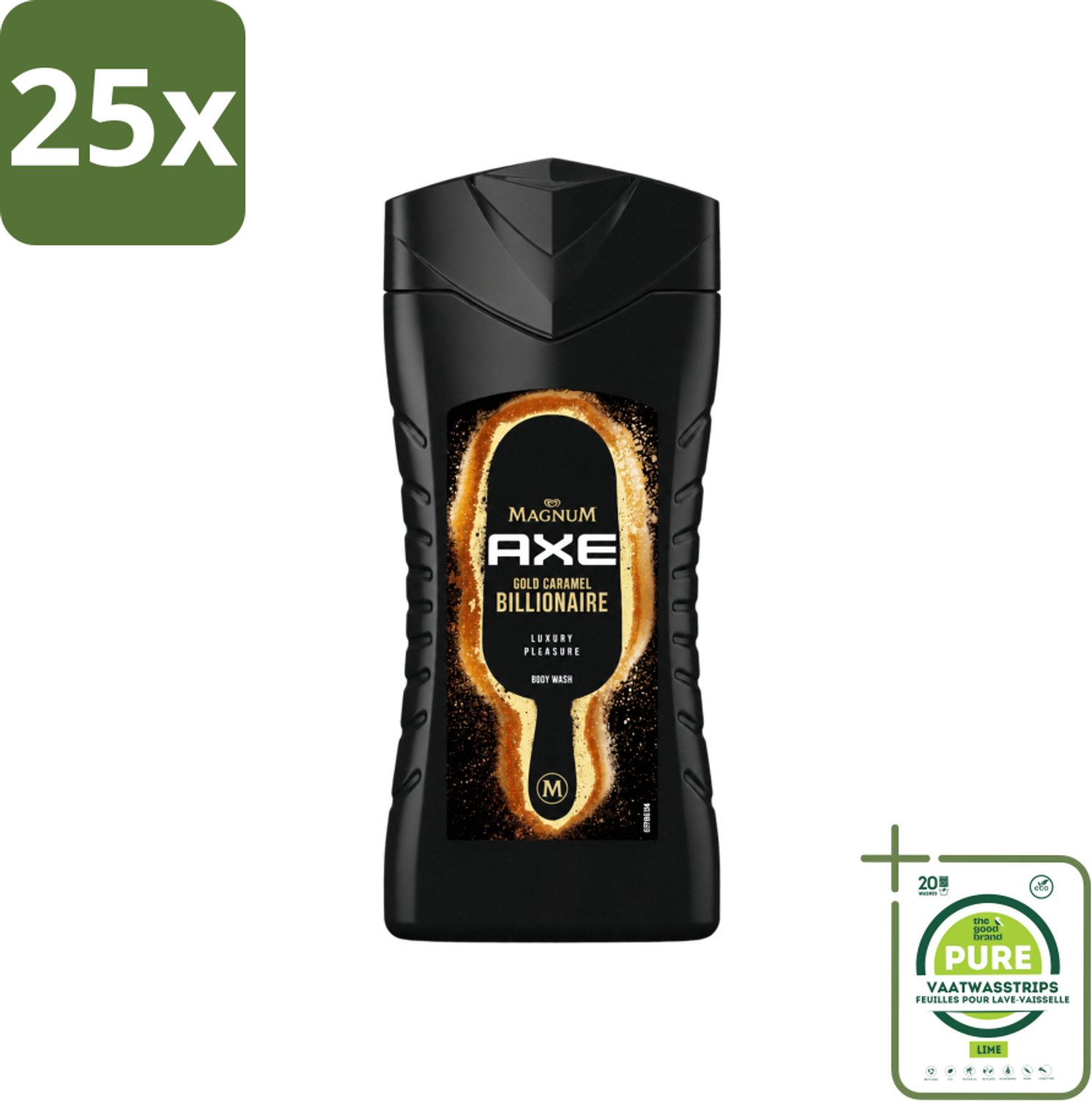 25 x Axe X Magnum - Douchegel - Gold Caramel Billionaire - 250 ml - Grootverpakking - Vaatwasstrips - Douchegel - Lichaam - Gezicht - Haar - Chocolade