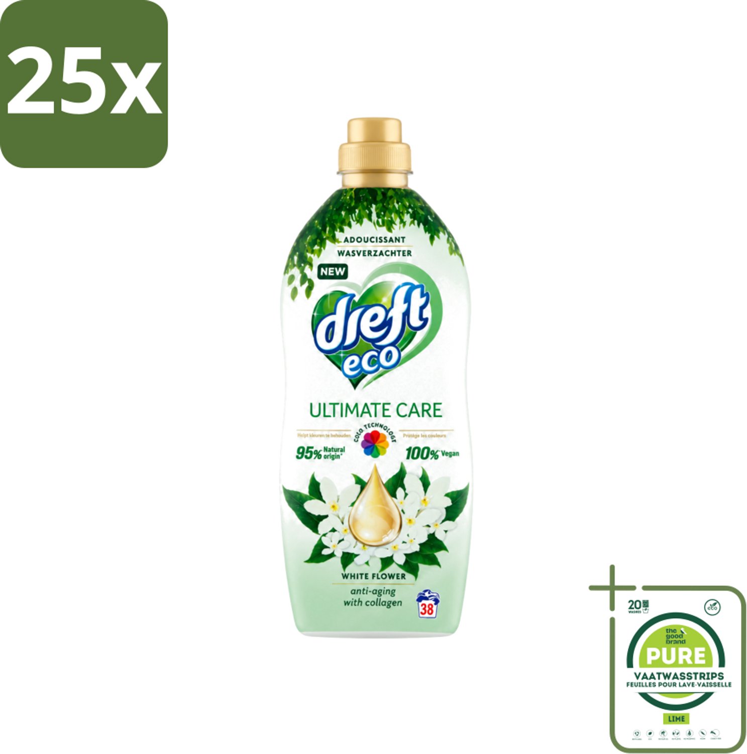 25 x Dreft ECO - Wasverzachter - Gekleurde Was - Witte Bloem - Anti-Veroudering - 38 Wasbeurten - Grootverpakking - Vaatwasstrips - Wasverzachter - Anti-aging - Kleurbescherming - Collageen - Wasgoed Verzorgen