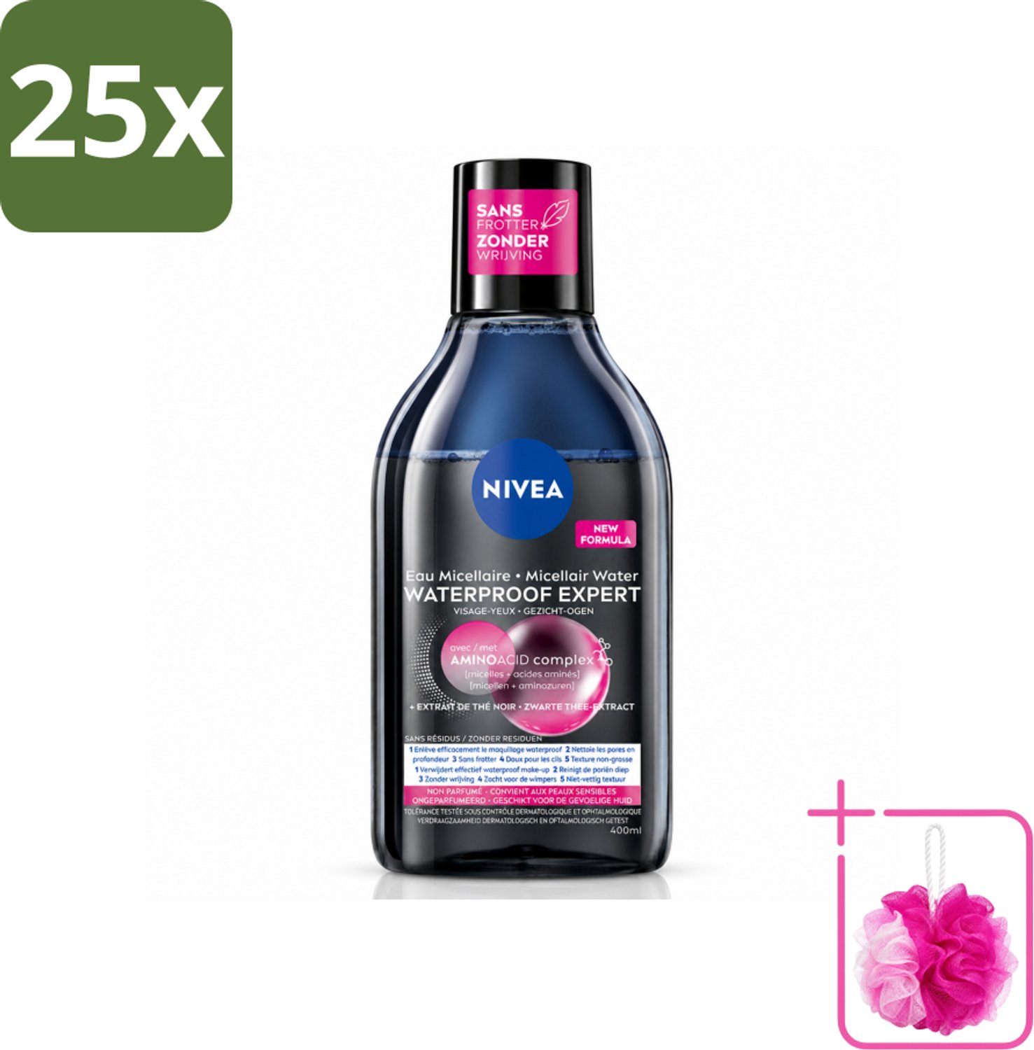 25 x NIVEA – Micellair Reinigingswater – Waterproof Expert – 400 ml - Bulkverpakking - Reiniging make-up - Douchemop - Make-up verwijderen
