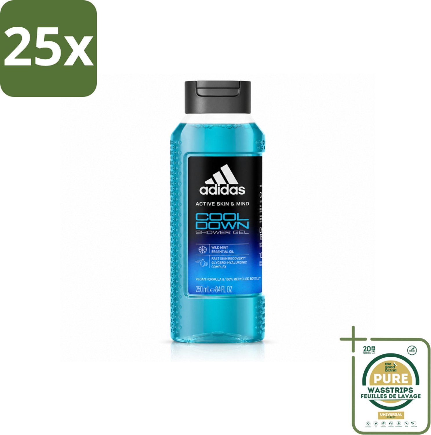 25 x Adidas – Douchegel – Active Skin & Mind Cool Down – 250 ml - Wasstrips - Douchegel - Activiteit Na Training - Verkoeling - Menthol - Wilde Munt