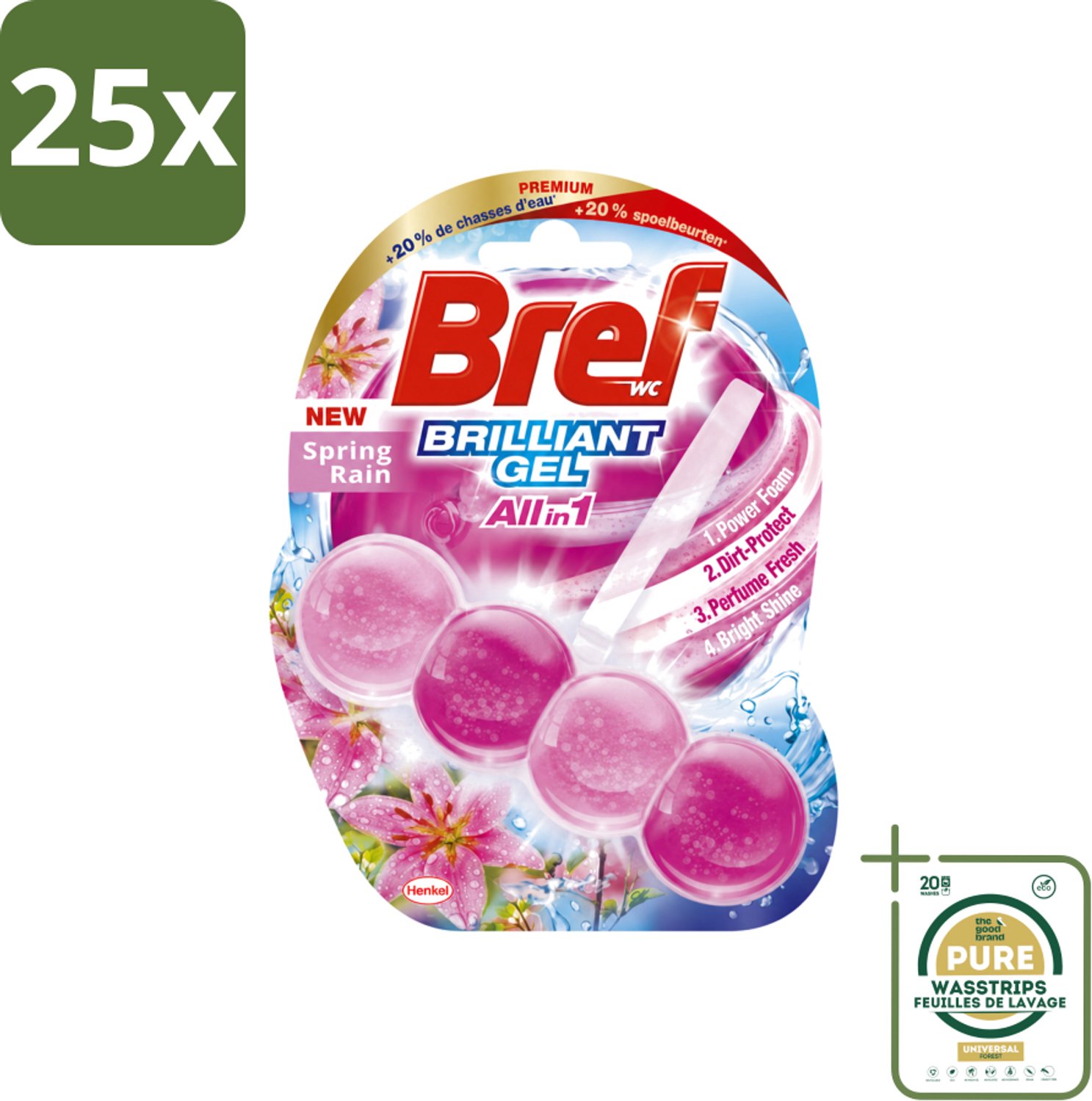 25 x Bref - Toiletblok - Brilliant Gel - Spring Rain - 42g - Wasstrips - Toiletblok - Toilet Reinigen - Toilet Fris - Toilet Glans - Toilet Hygiëne