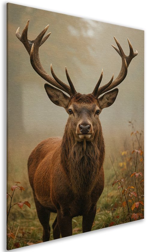 Zijaanzicht van een rechthoekig canvas met een hert in een mistig bos met herfstbladeren.