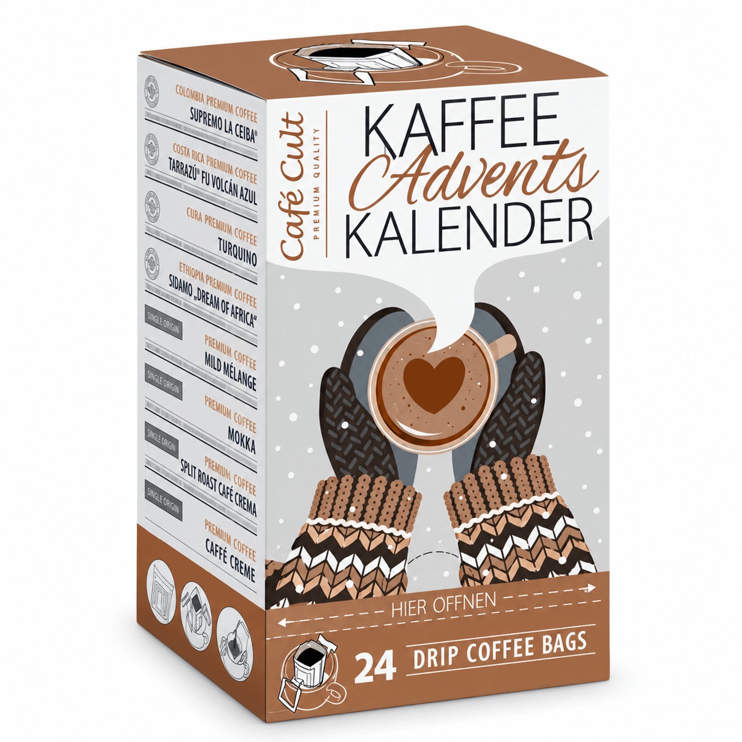 Koffie Adventskalender Hand – 12 smaken drip coffee bags – Single origin & flavoured – Versgemalen filterkoffie zonder machine – cadeau voor koffieliefhebbers