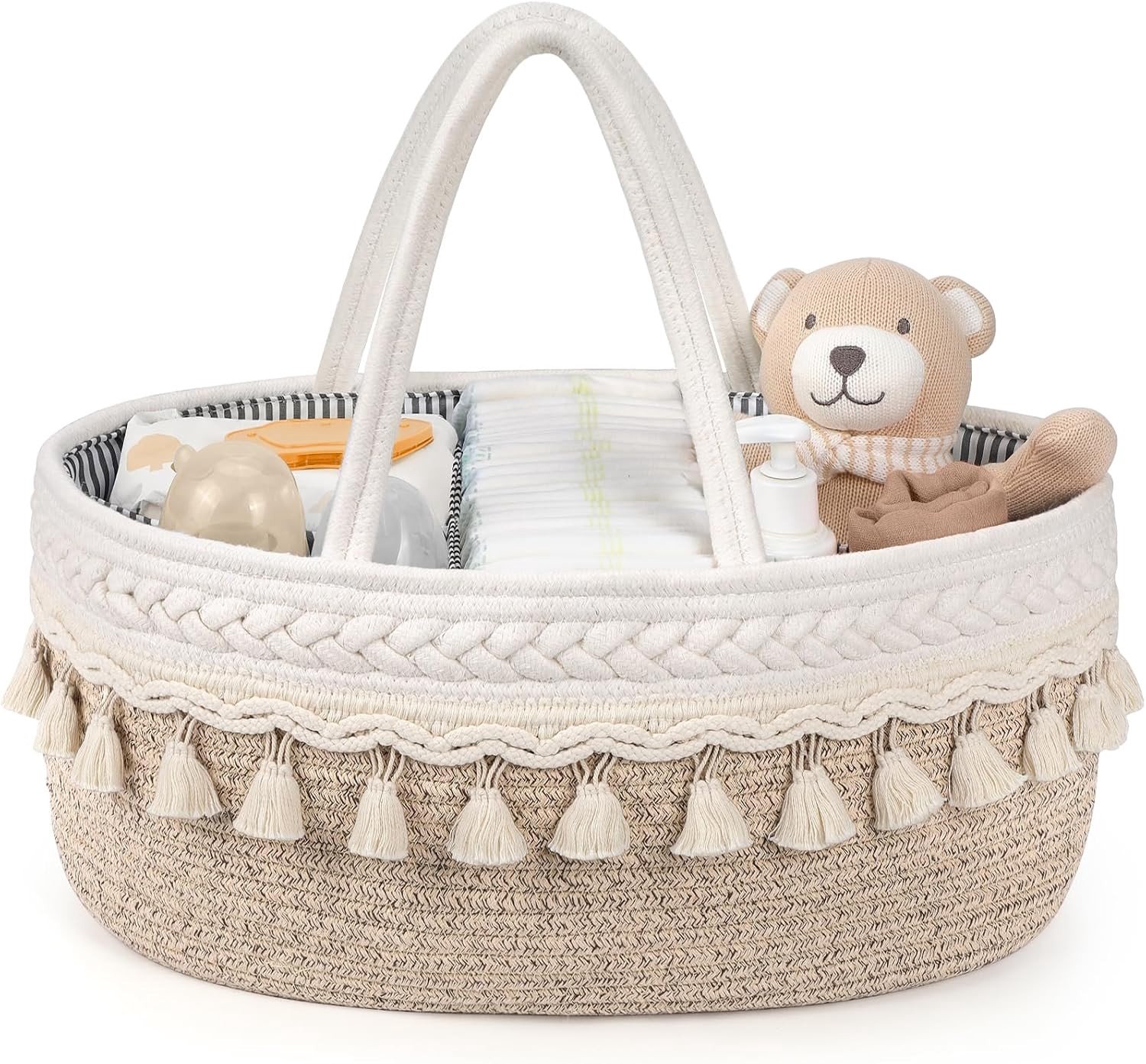 Grote Bohemian Katoenen Luiertas Caddy, Stevige Draagbare Opbergbak voor Baby, Verwijderbare Compartimenten voor Nieuwe Ouders en Baby Shower Cadeaus