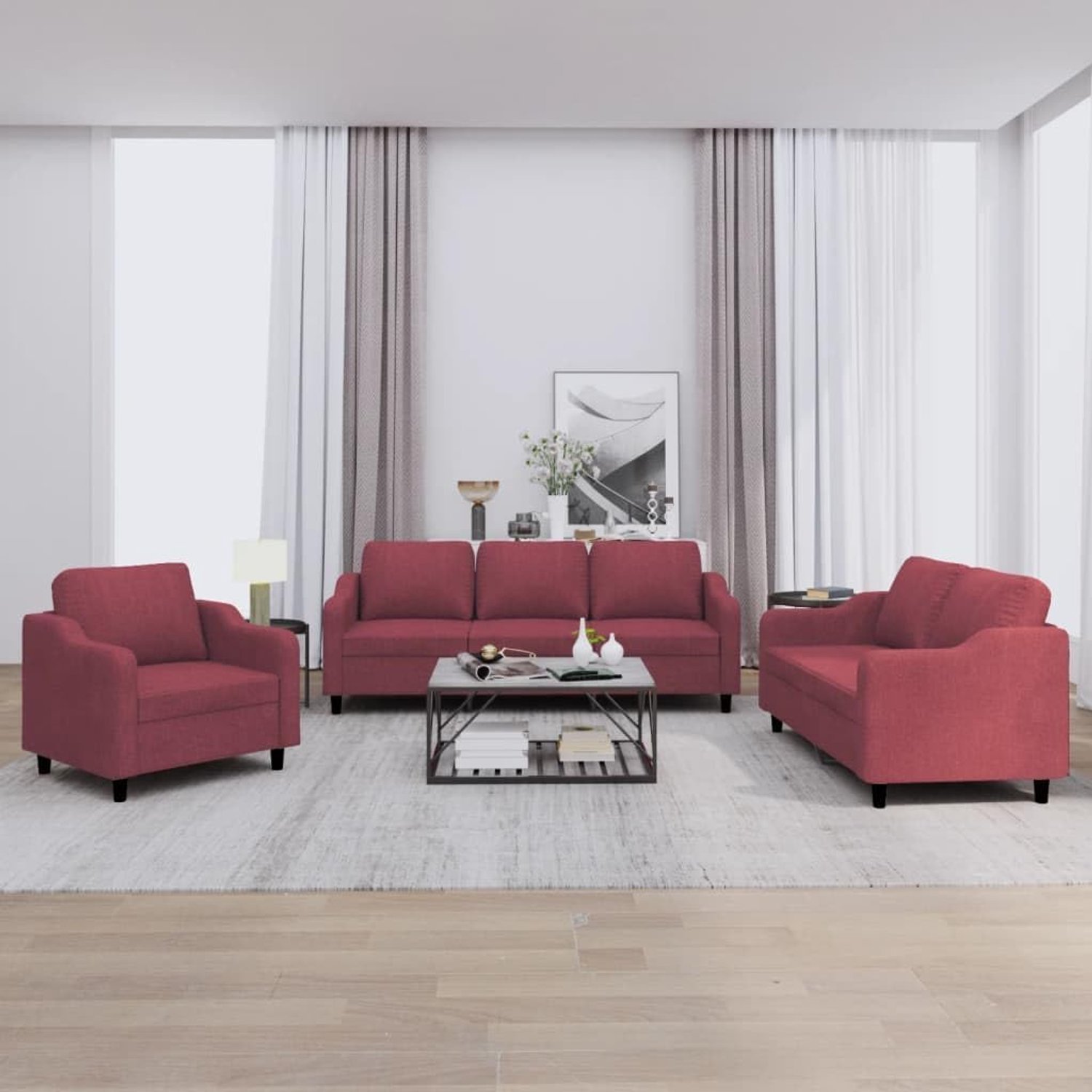 3-delige bankset met kussen, stof, rood-rood, houtstructuur