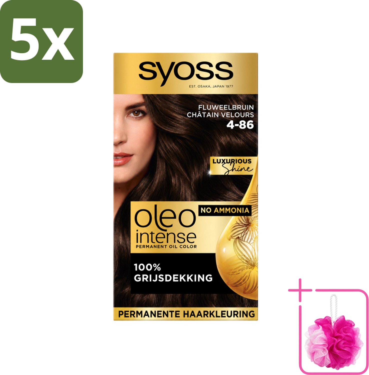 5 x SYOSS - Oleo Intense 4-86 - Haarverf - Permanente Haarkleuring - Fluweelbruin - Langdurige Kleur - Bulkverpakking - Haarkleuring zonder ammoniak - Douchemop - Fluweelbruin
