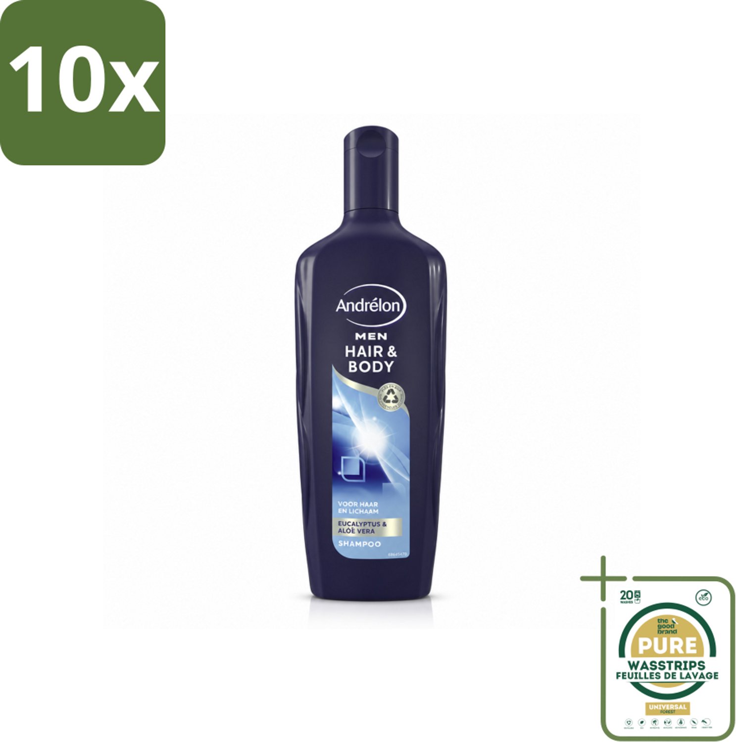 10 x Andrélon - Men - Hair & Body - Shampoo - 300 ml - Wasstrips - Shampoo Voor Mannen - Bodywash Voor Mannen - Haar En Lichaam Verzorgen - Eucalyptus Shampoo - Aloë Vera Bodywash